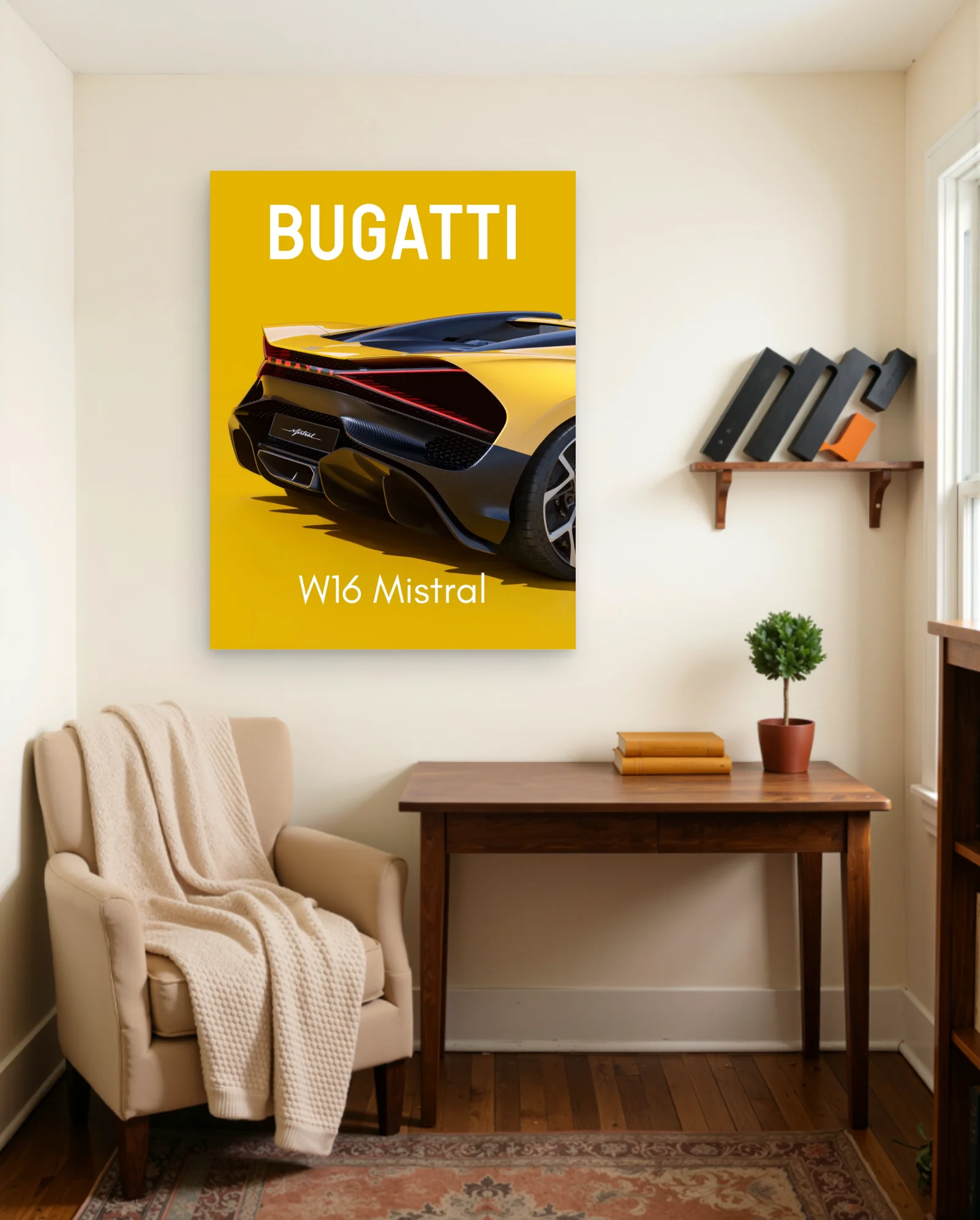 Bugatti W16 Mistral — Yellow Rear Three‑Quarter Close Crop — framed wall art poster by Memocult