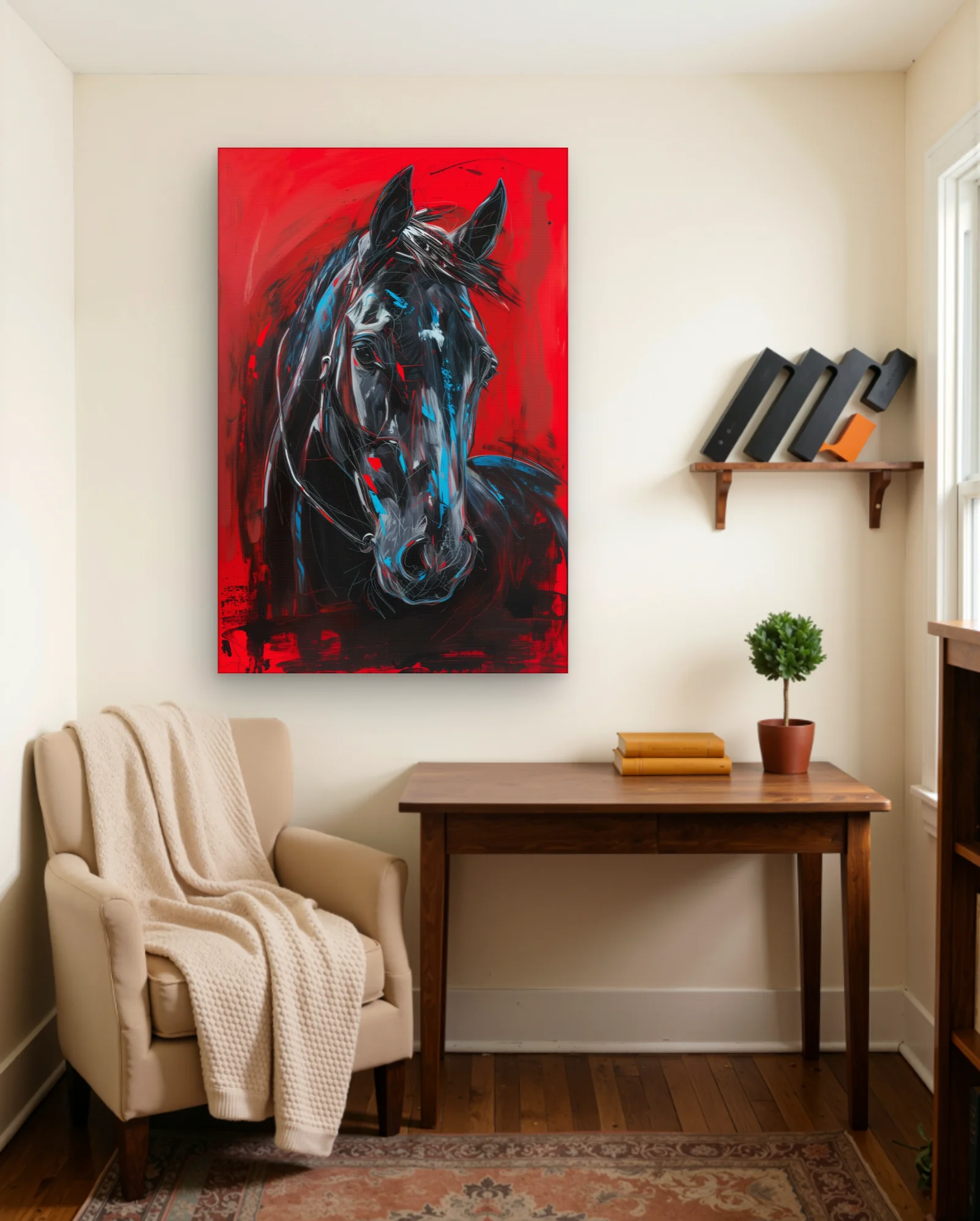 Black Horse Head Red Wall Art — framed wall art poster by Memocult