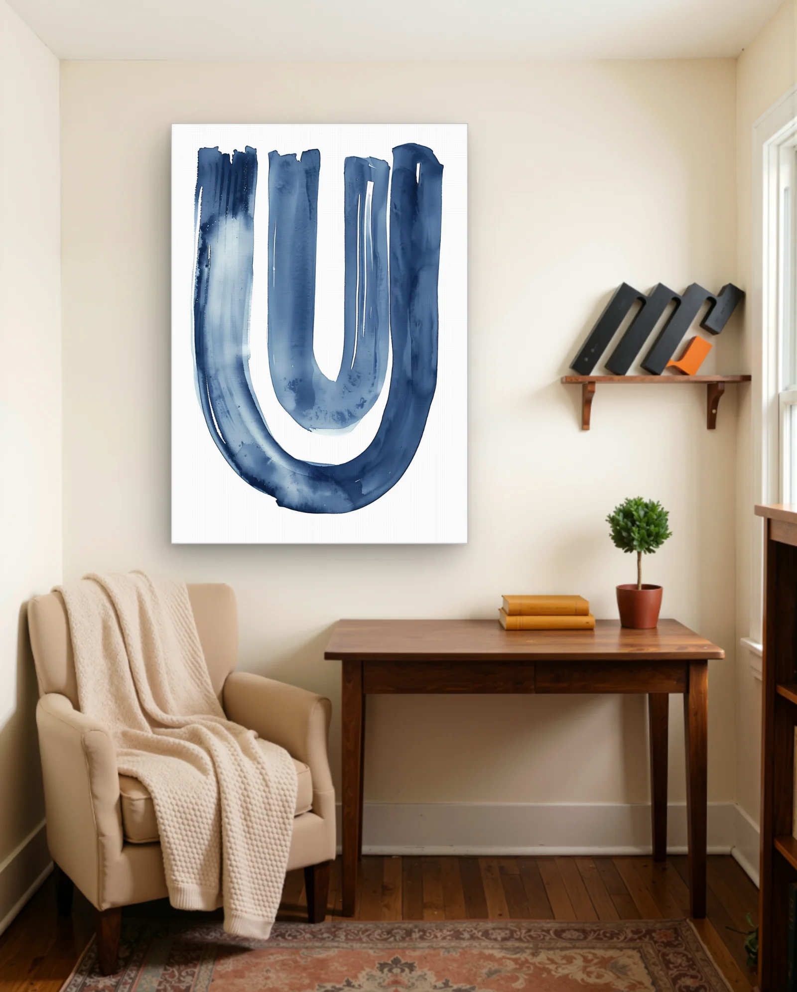 Indigo Watercolor U‑Loop with Vertical Brush Strokes — Abstract abstract & modern wall art poster