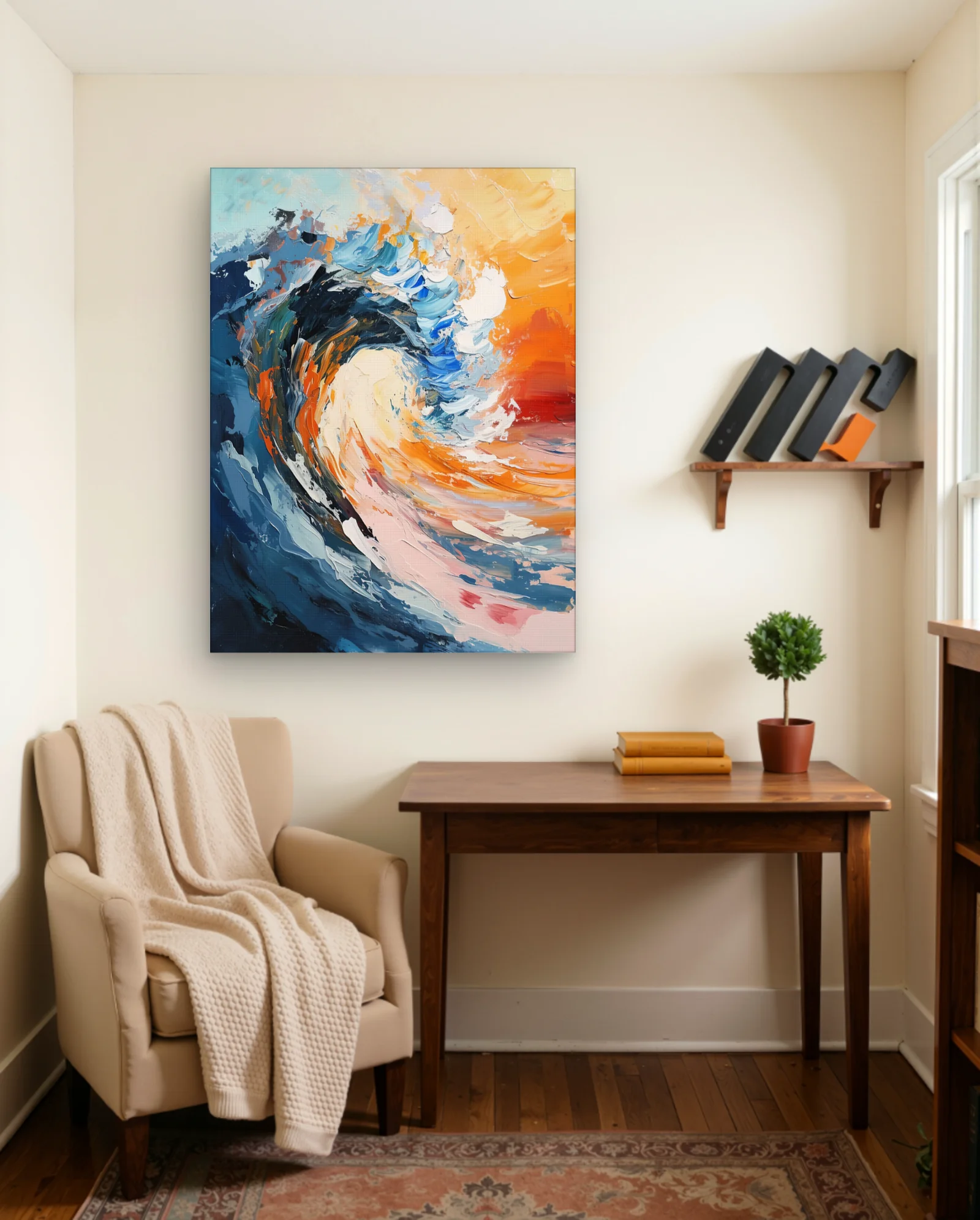 Orange Blue Ocean Wave Wall Art — framed wall art poster by Memocult