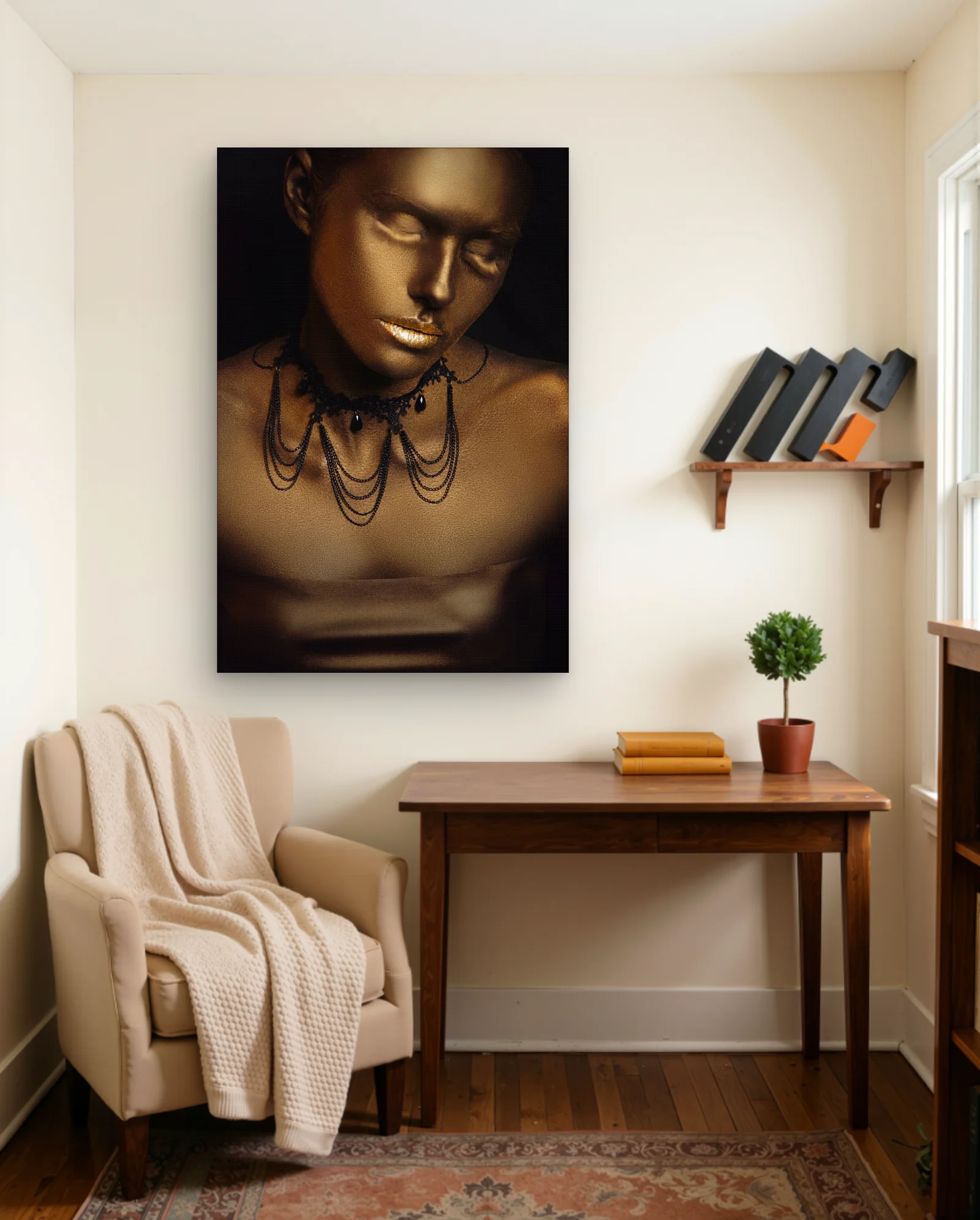 Gold Bodypaint Woman Black Lace Necklace Wall Art — framed wall art poster by Memocult