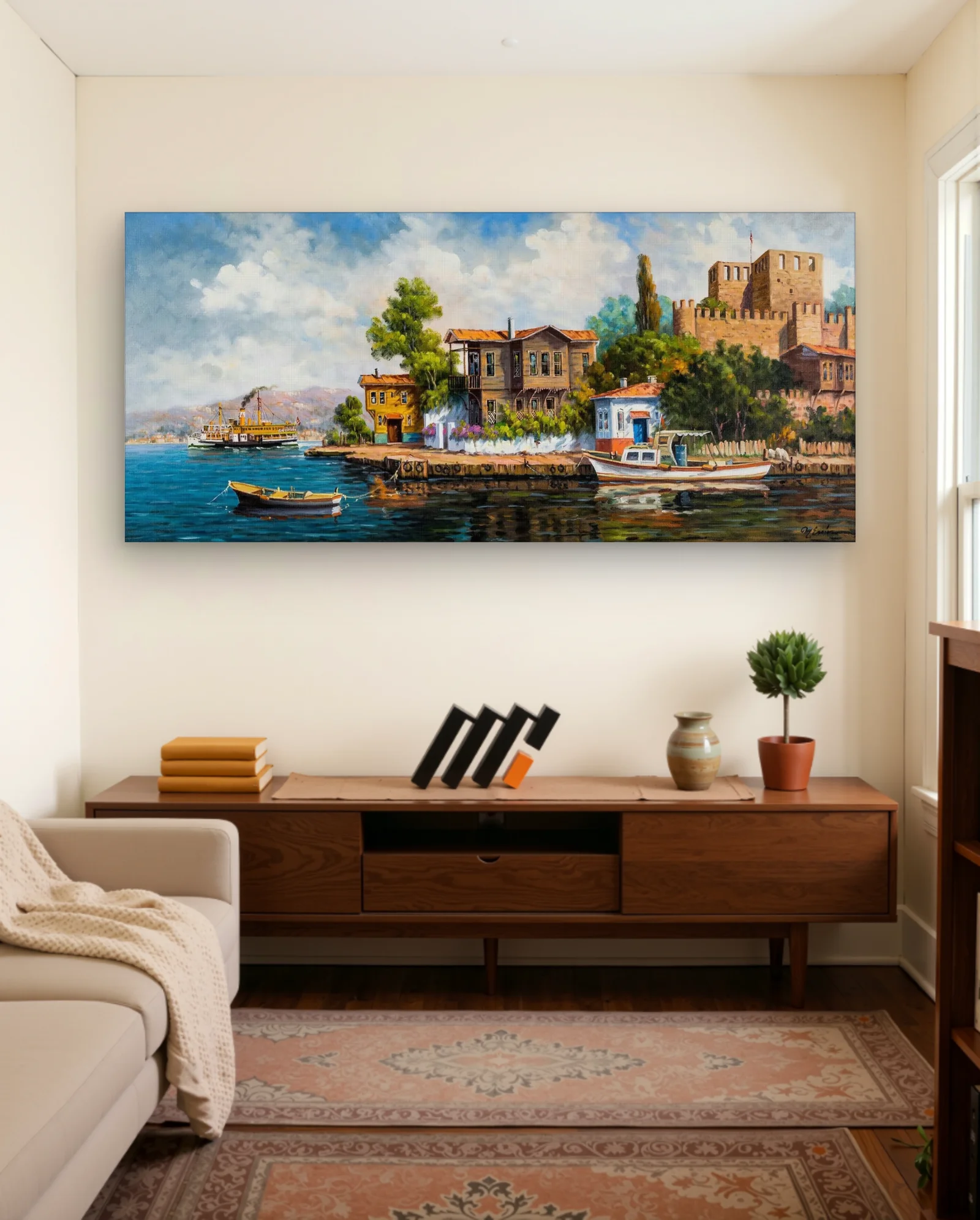 Castle And Ferry By The Harbor Wall Art — framed wall art poster by Memocult