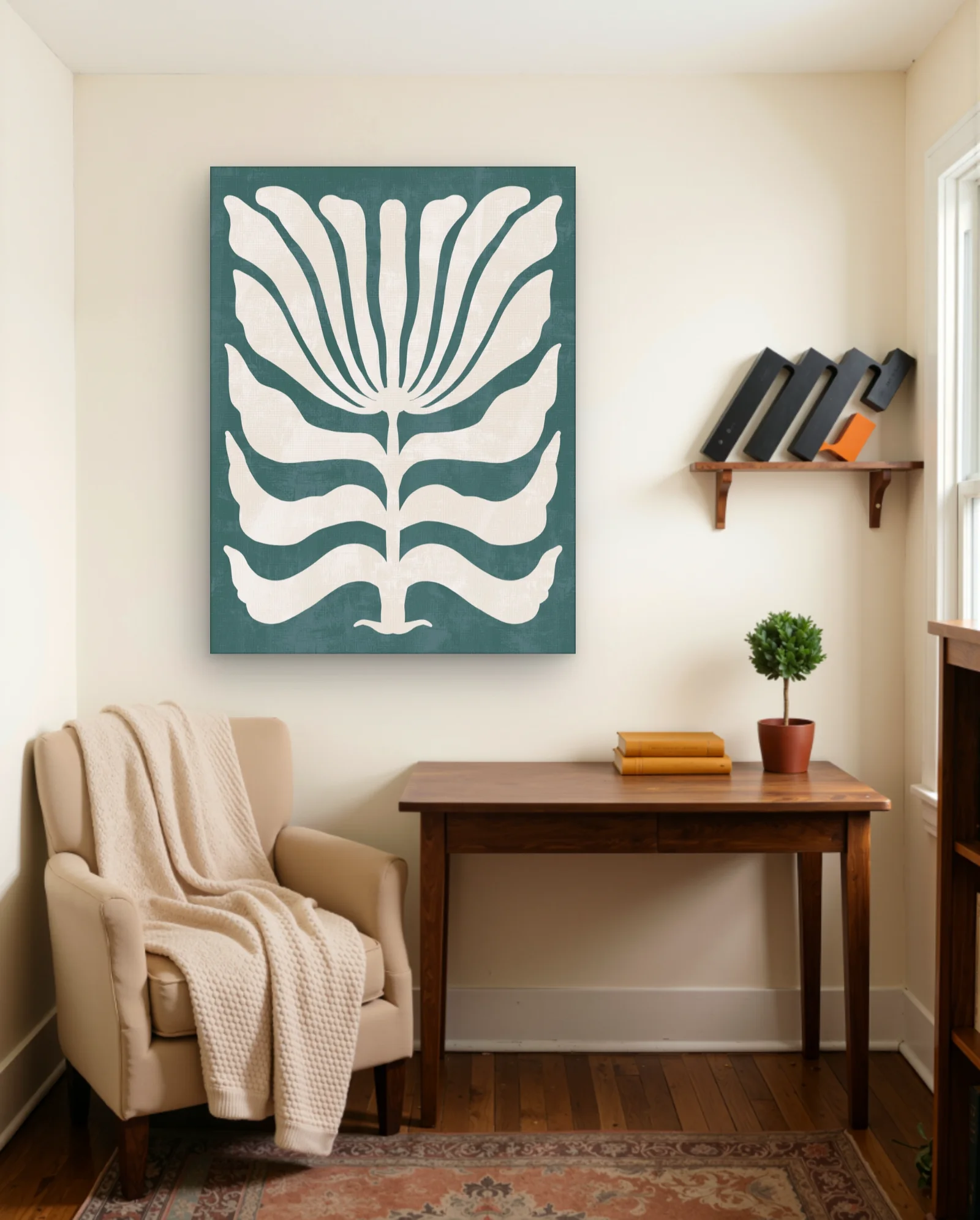 Cream Botanical Leaf On Teal Wall Art — framed wall art poster by Memocult