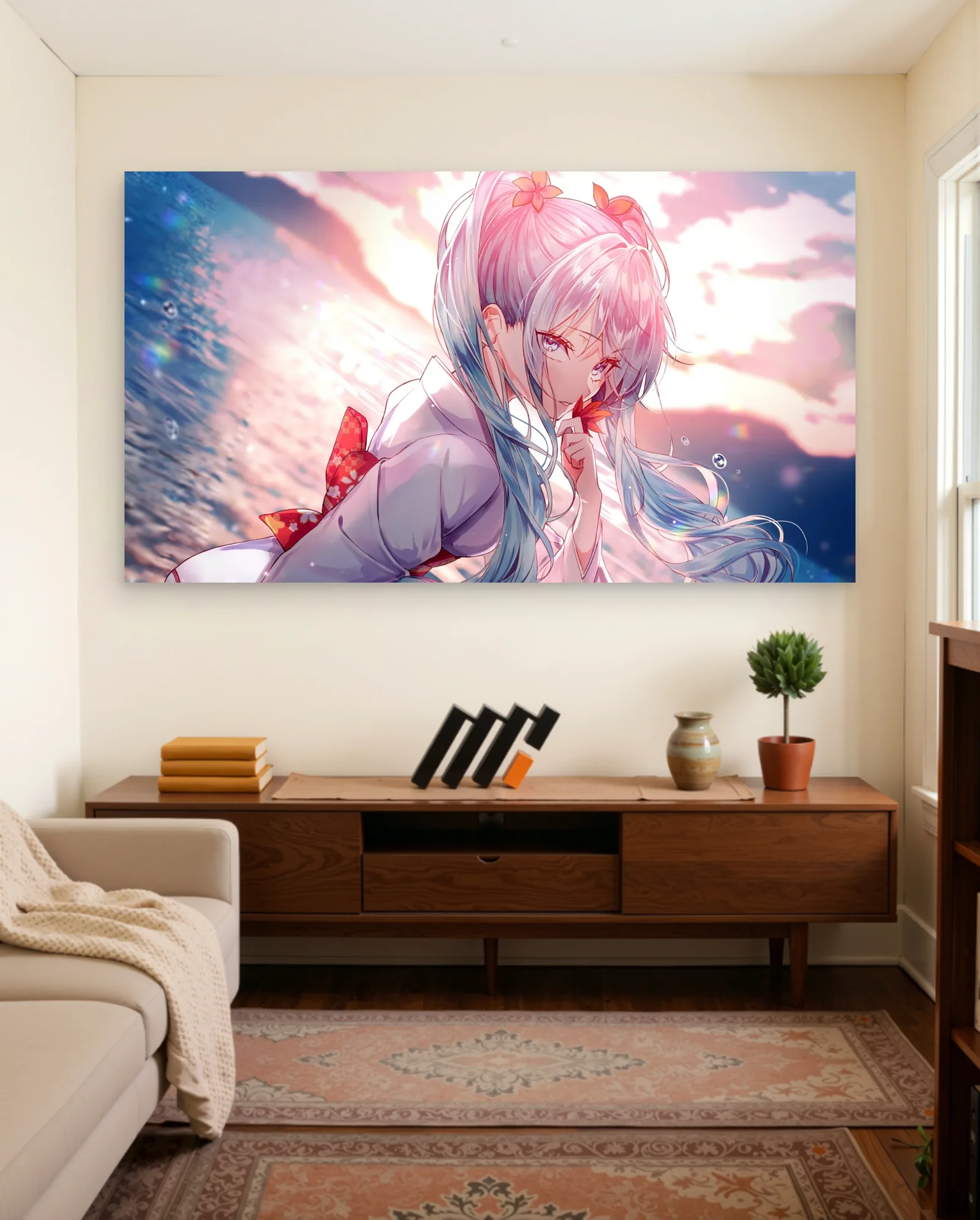 Anime Girl Winter Kimono Maple Leaf Sunset Poster — framed wall art poster by Memocult