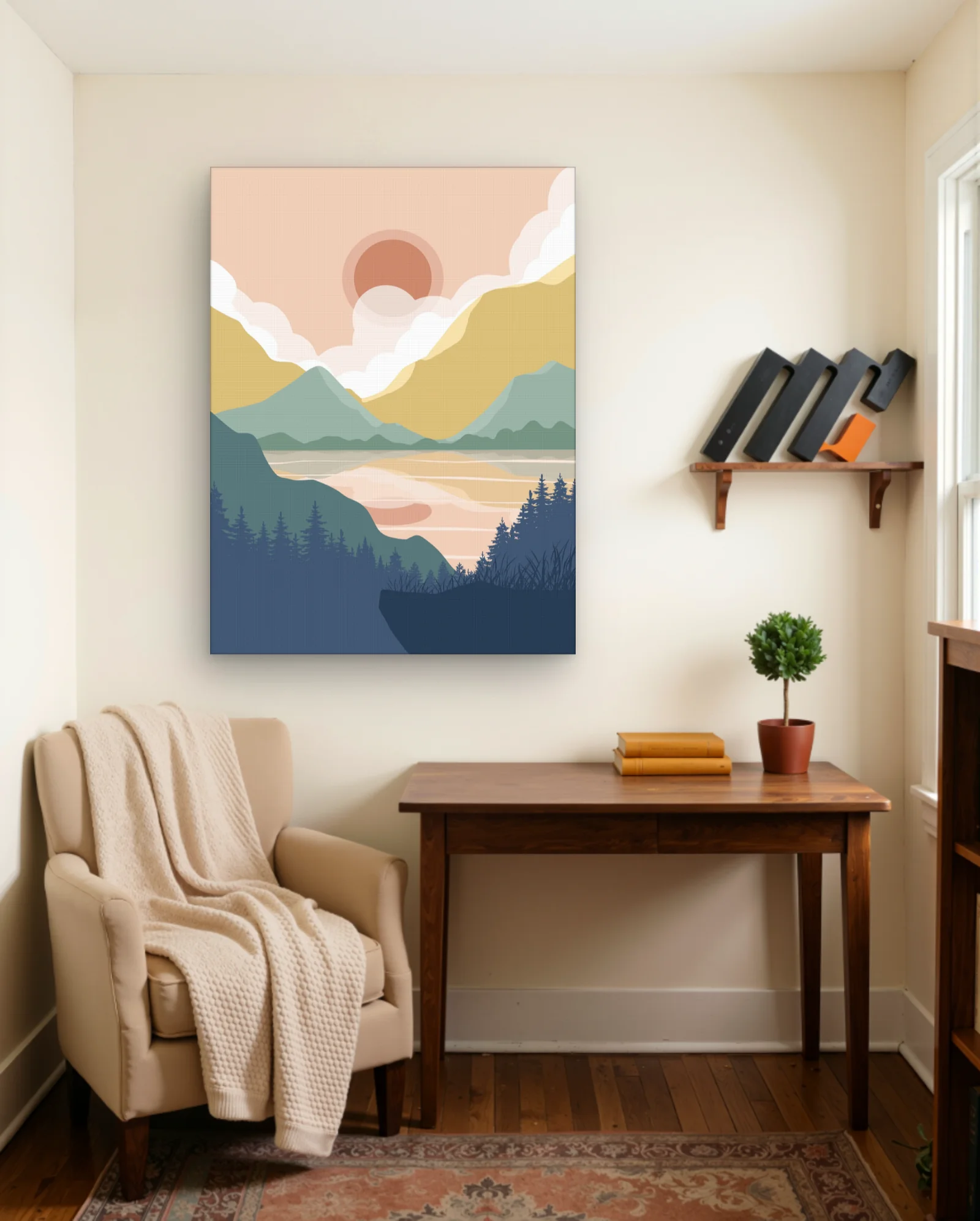 Layered Mountains Sunset Reflection Wall Art — framed wall art poster by Memocult