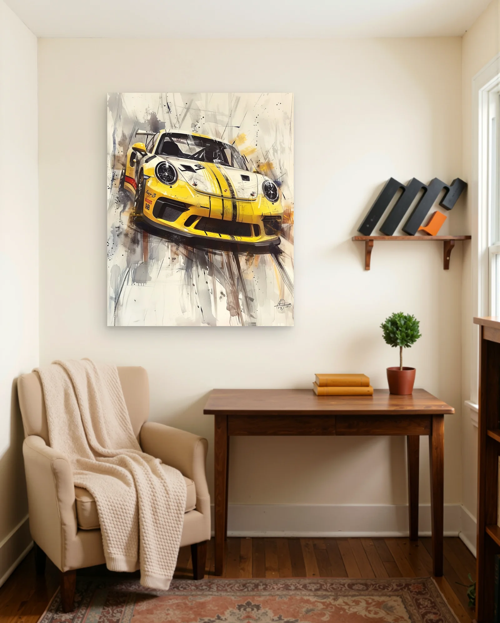 Porsche 911 GT3 RS Yellow Stripes Poster — framed wall art poster by Memocult