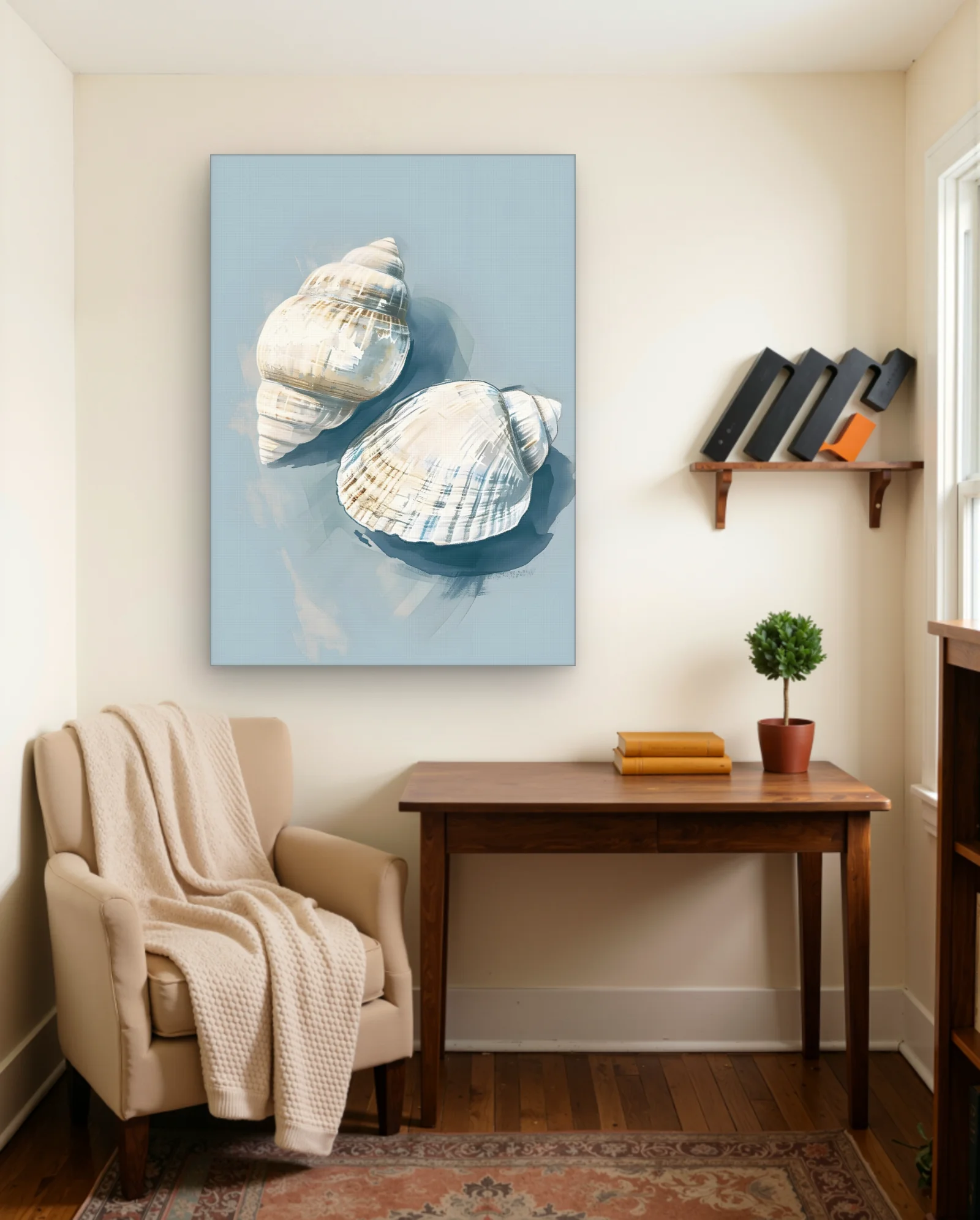 Two Conch Shells Blue Background Wall Art — framed wall art poster by Memocult