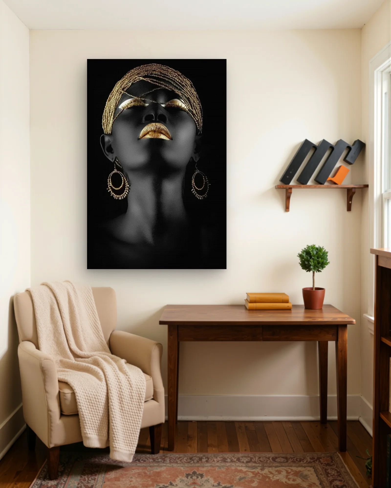Gold Beaded Headwrap Gold Lips Wall Art — framed wall art poster by Memocult