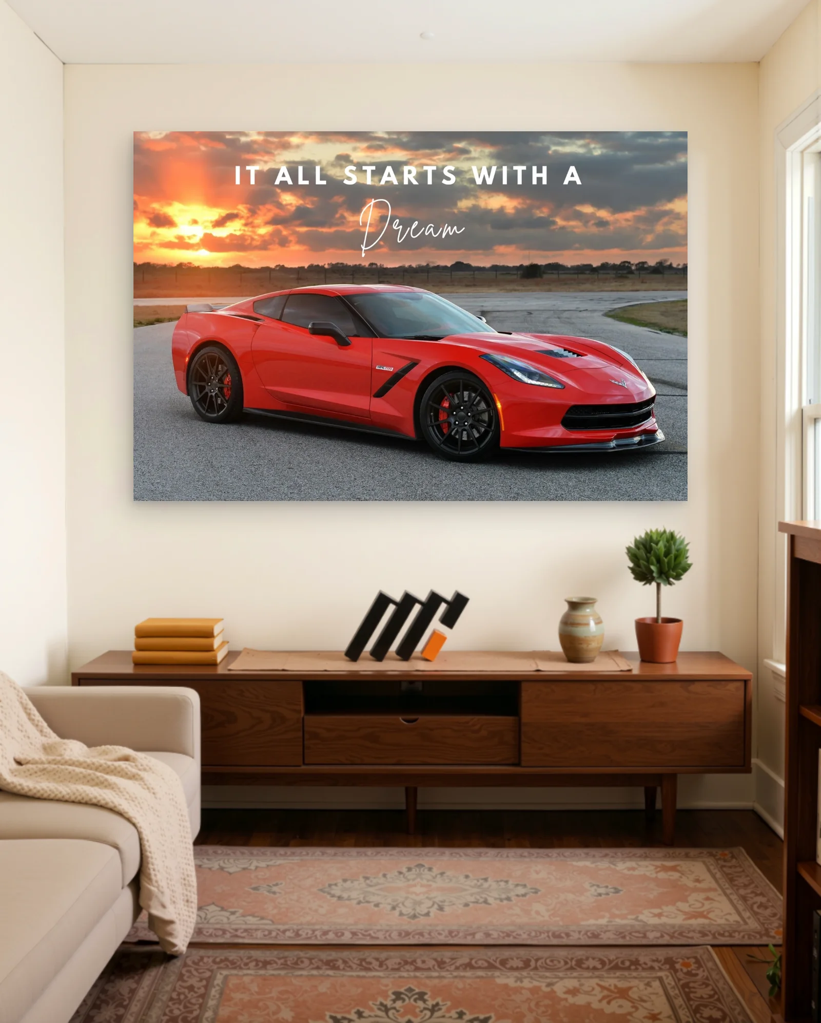 Chevrolet Corvette C7 It All Starts With A Dream Poster — framed wall art poster by Memocult