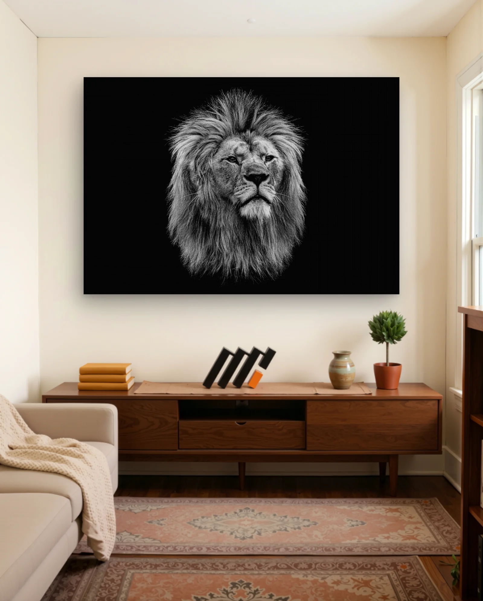 Lion Full Mane Black Background Wall Art — framed wall art poster by Memocult