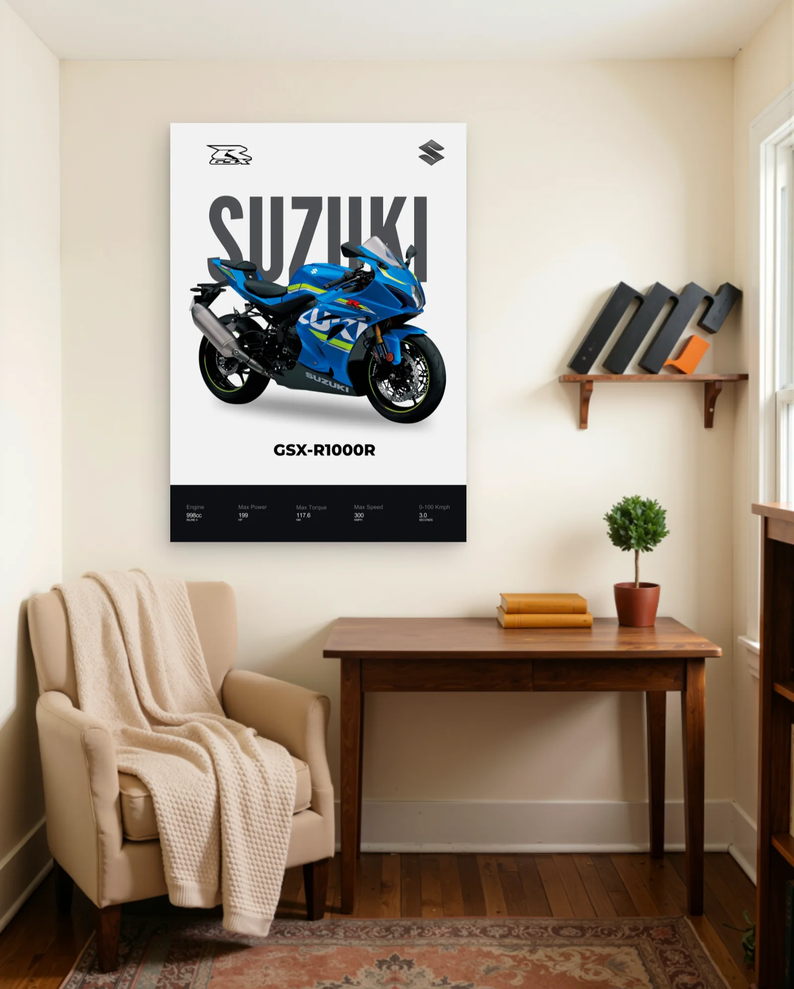 Suzuki GSX-R1000R Blue Poster — framed wall art poster by Memocult