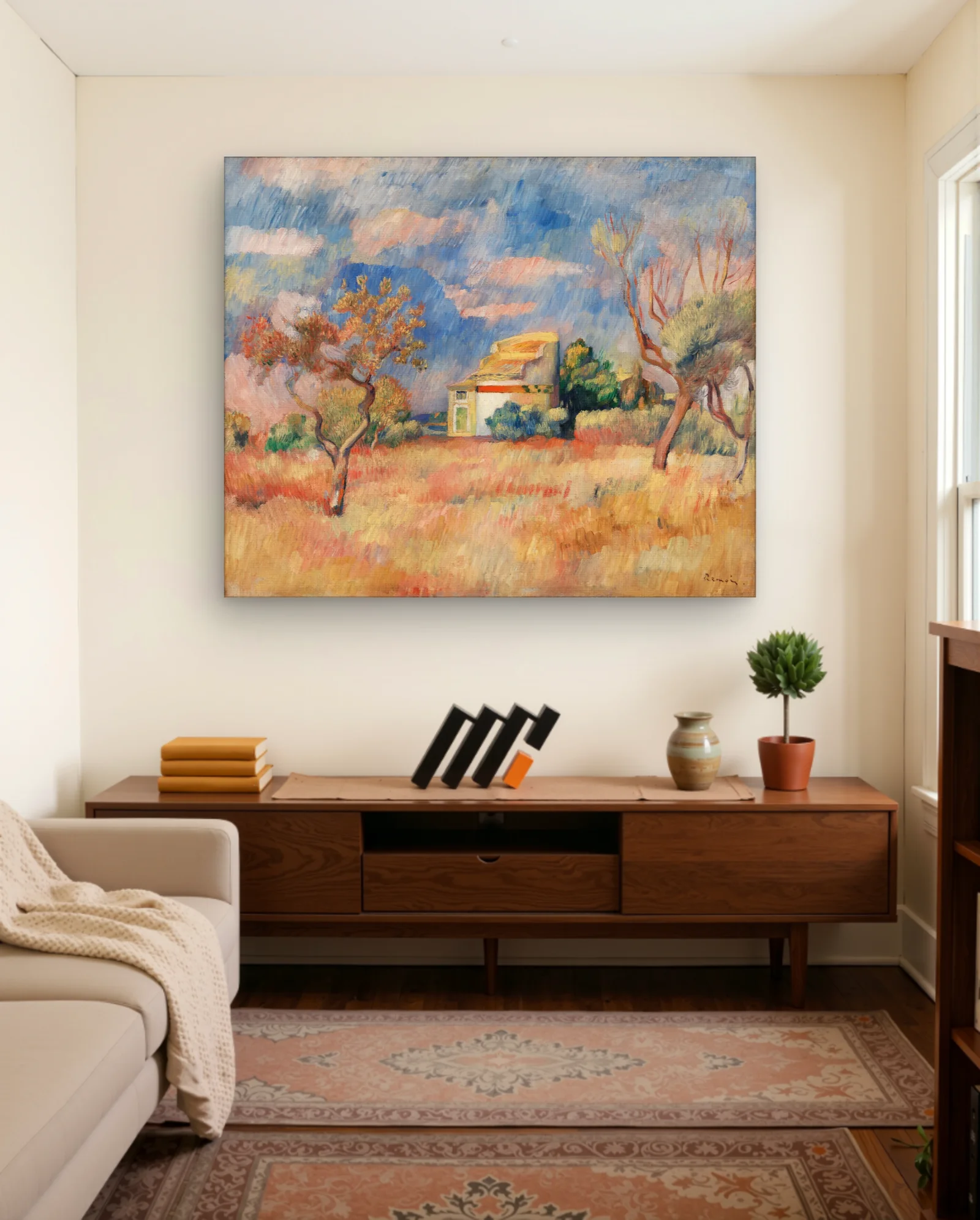 Renoir Autumn Field With Cottage Wall Art — framed wall art poster by Memocult