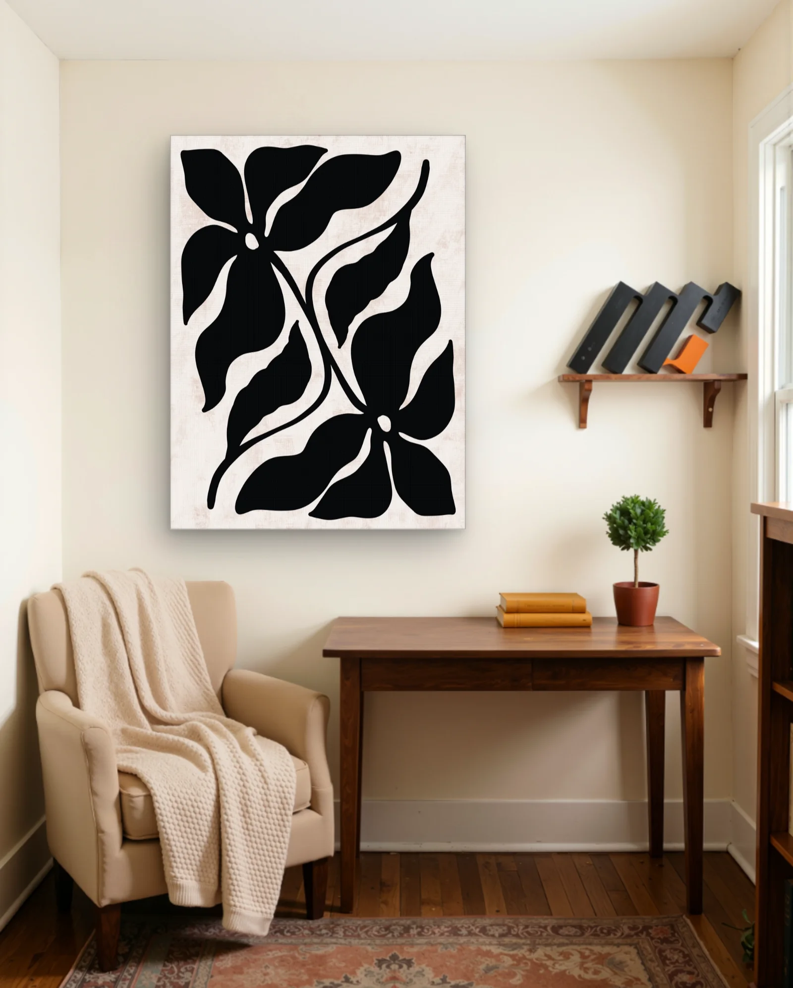 Black Floral Silhouette On Beige Wall Art — Abstract abstract & modern wall art poster