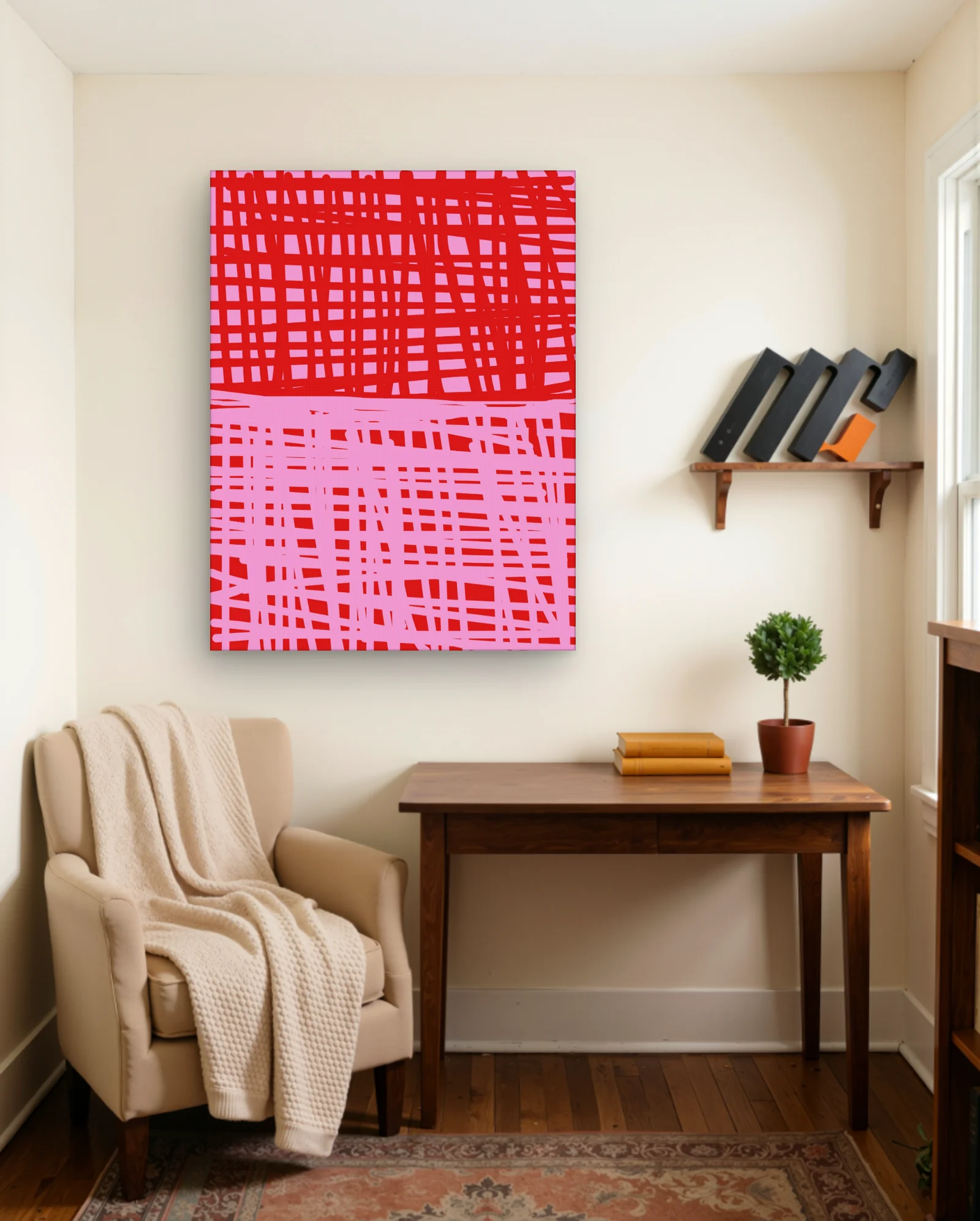 Red Pink Crisscross Grid Wall Art — framed wall art poster by Memocult