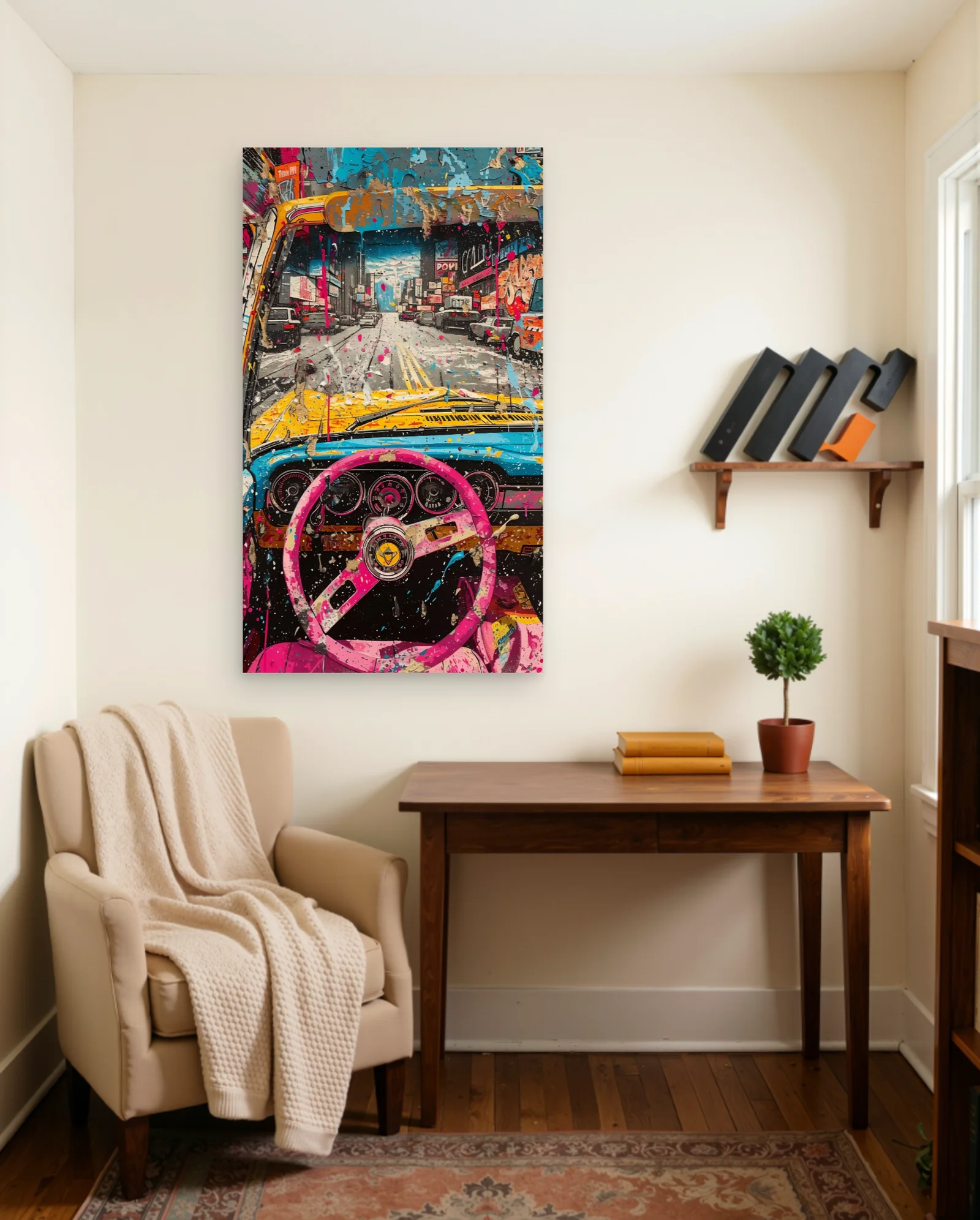 Pink Steering Wheel Cityscape Poster — framed wall art poster by Memocult
