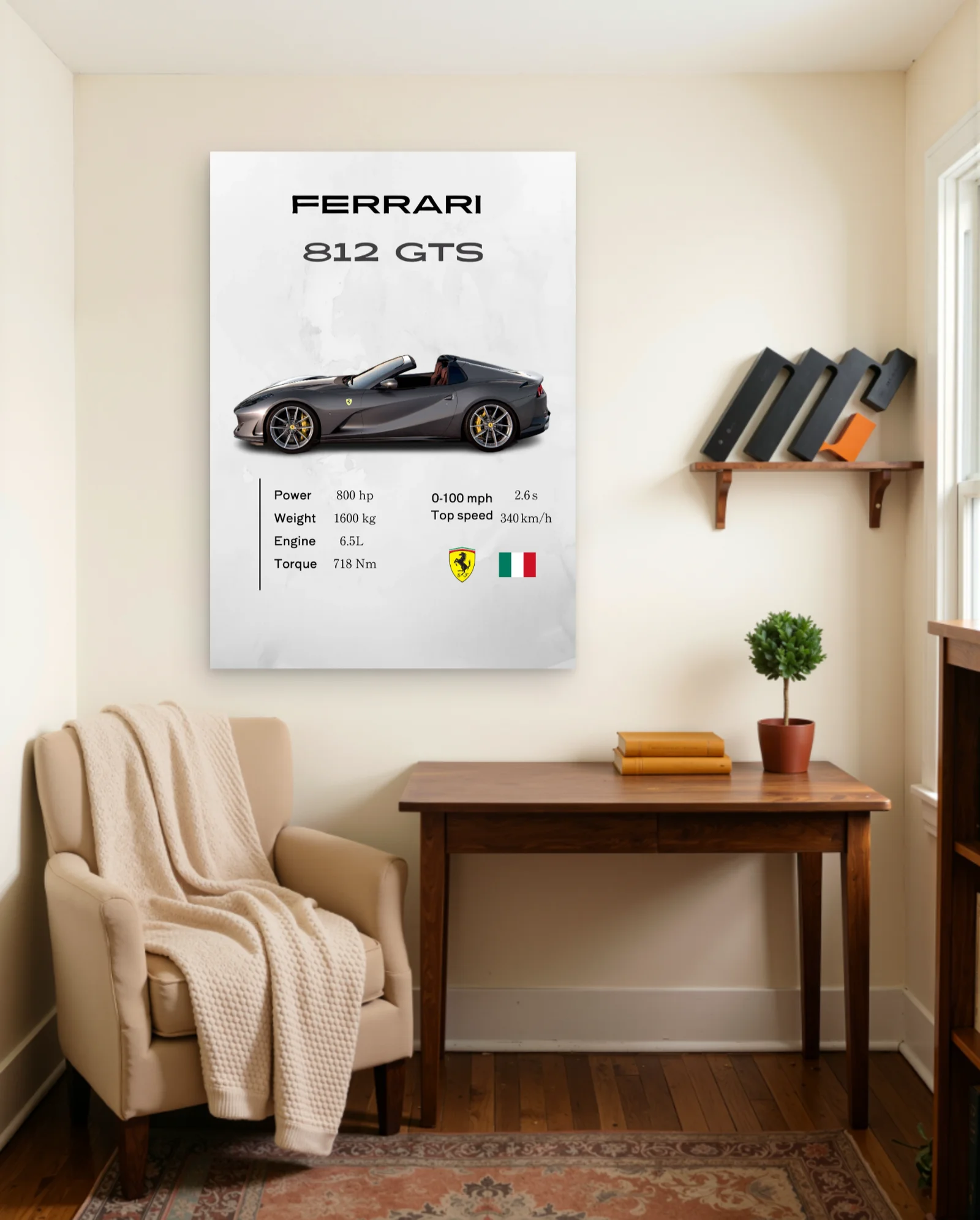Grey Ferrari 812 GTS Convertible Poster — framed wall art poster by Memocult
