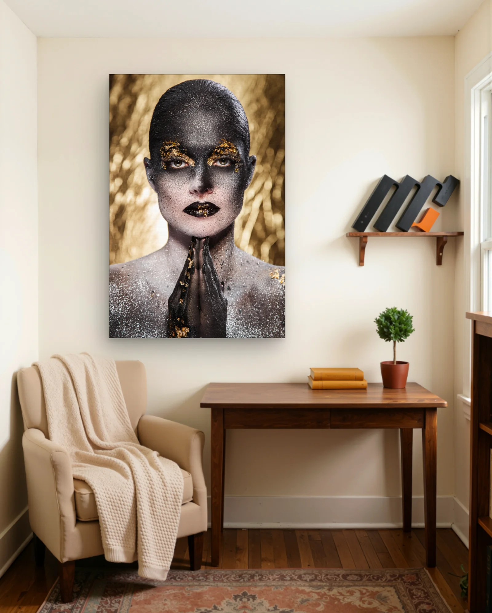 Black Gold Glitter Face Praying Pose Wall Art — framed wall art poster by Memocult