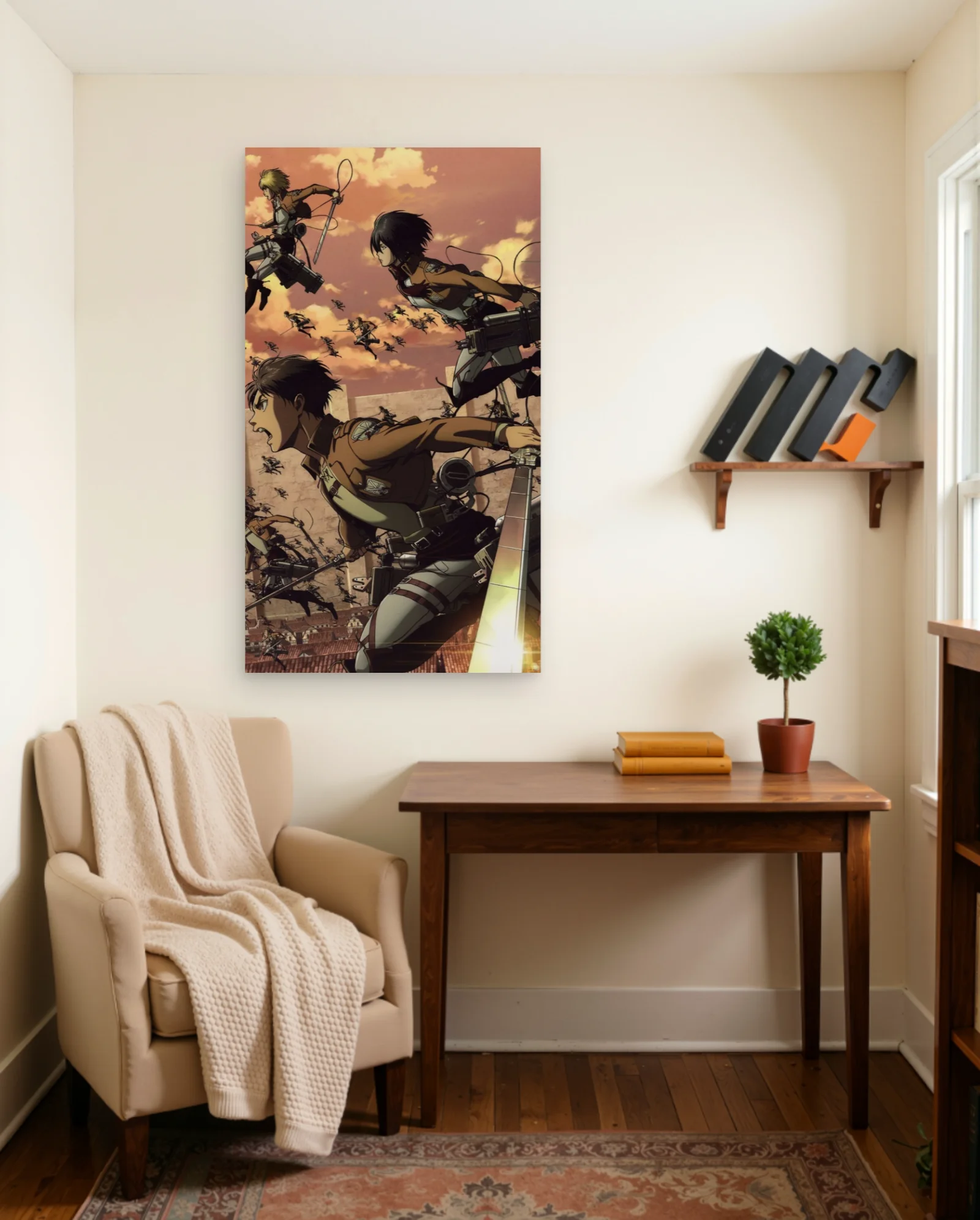 Eren Mikasa Armin Sunset Action Poster — framed wall art poster by Memocult