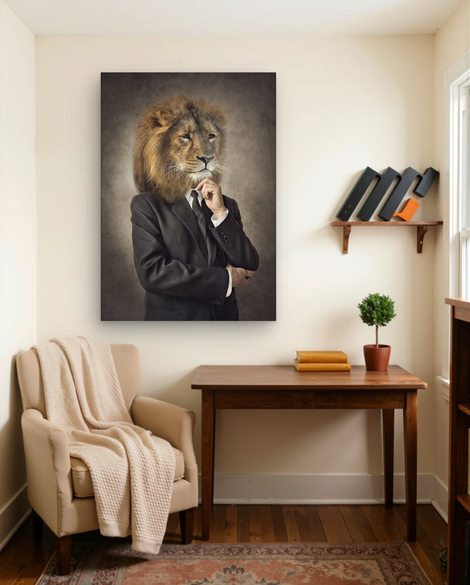 Lion In Suit Hand To Chin Wall Art — framed wall art poster by Memocult