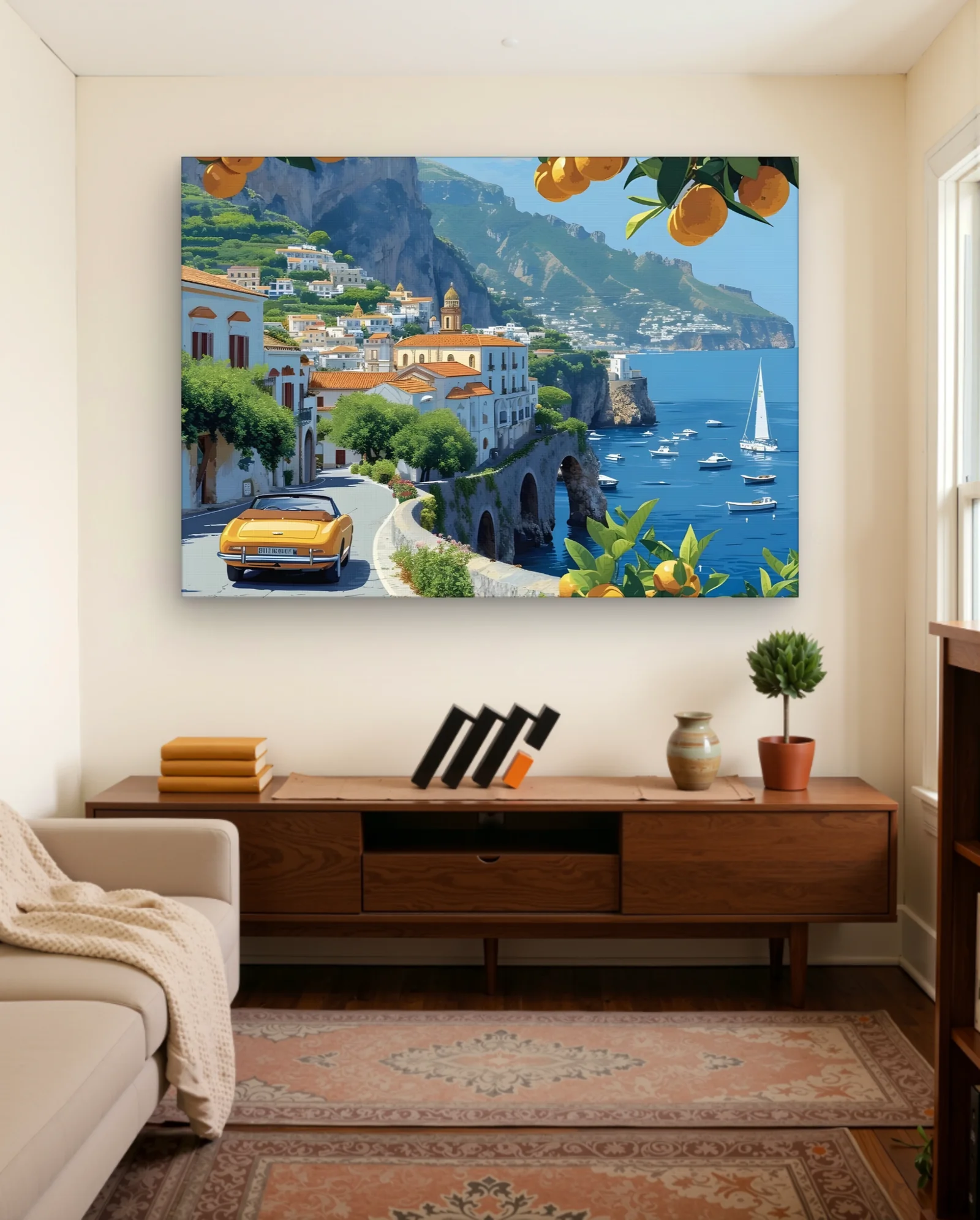 Yellow Convertible Amalfi Coast Oranges Wall Art — framed wall art poster by Memocult