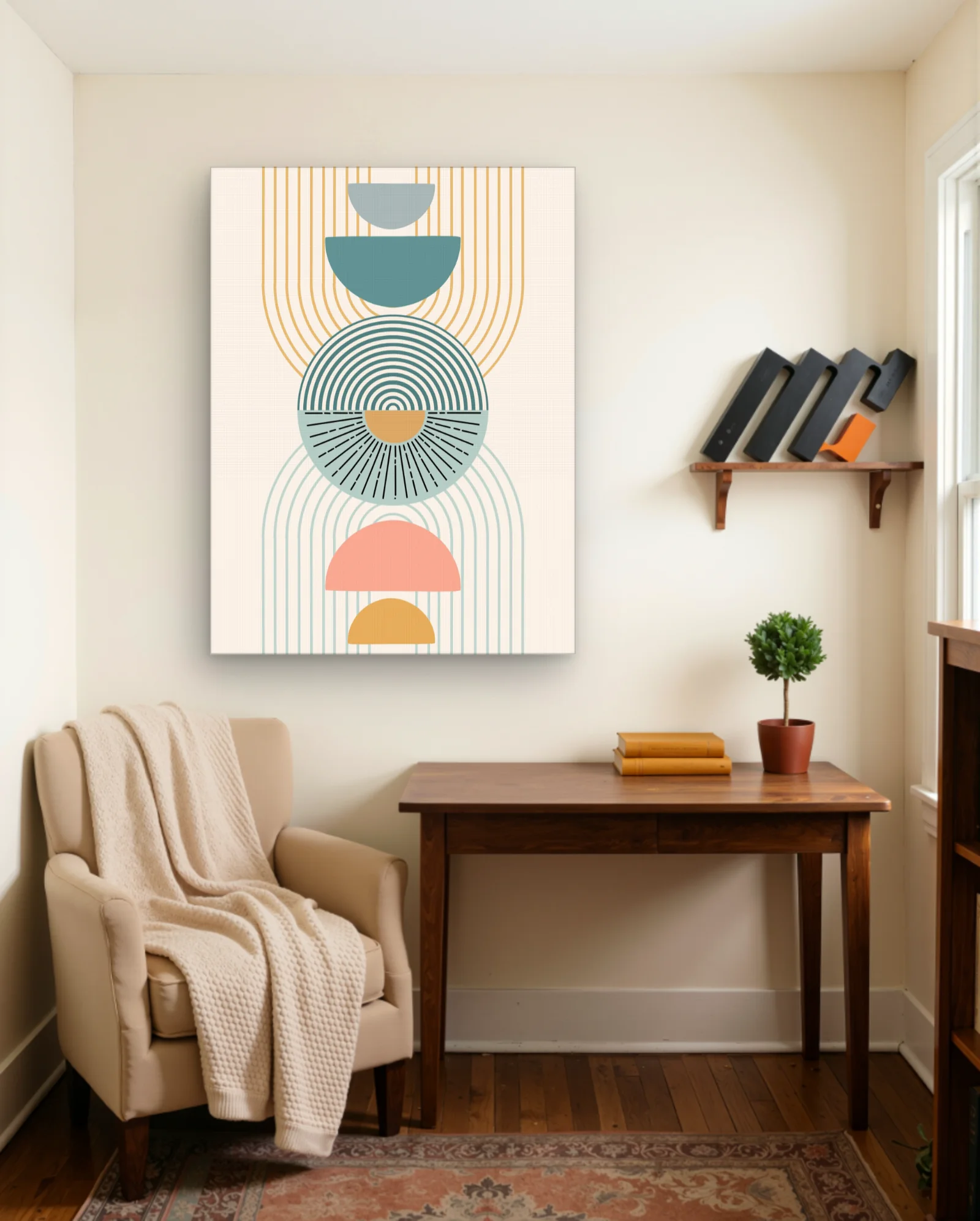 Stacked Arches Teal Coral Mustard Wall Art — framed wall art poster by Memocult