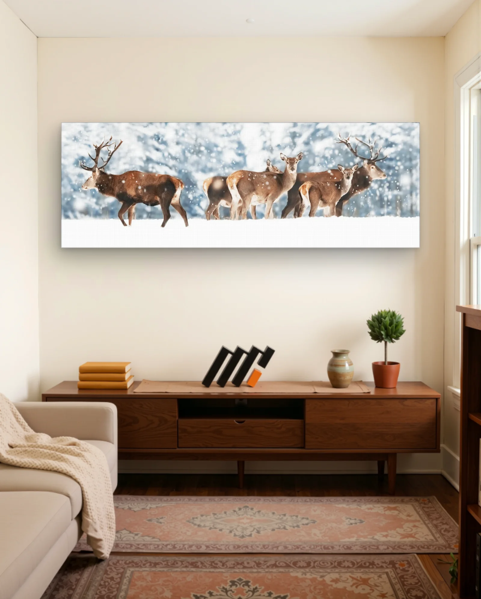 Red Deer In Snowy Forest Wall Art — framed wall art poster by Memocult