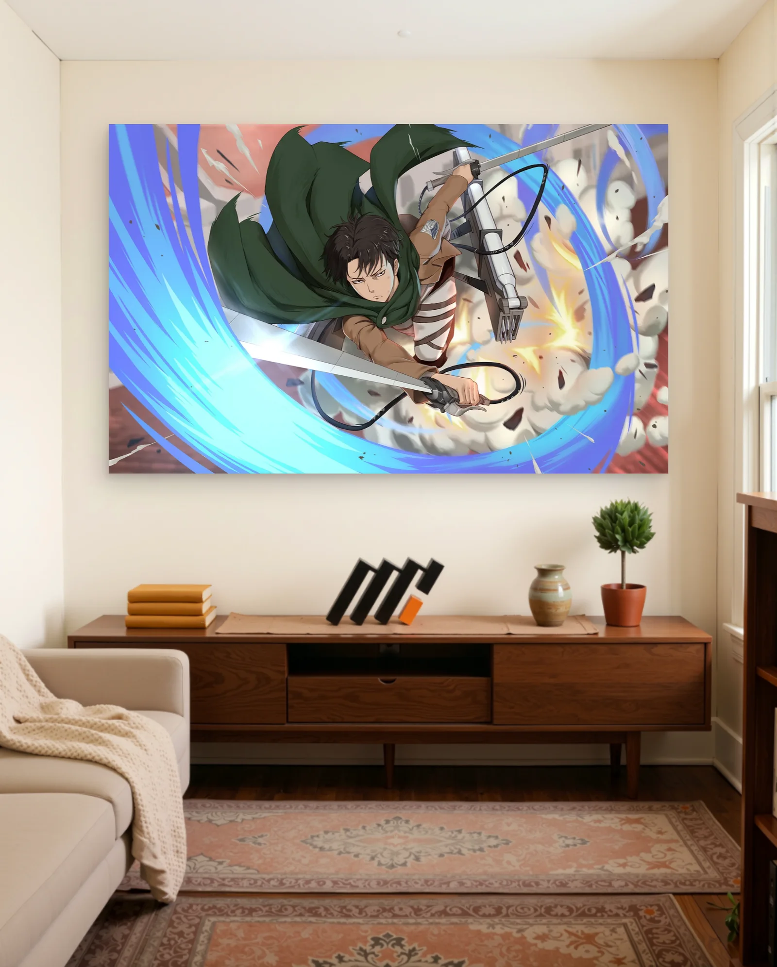 Levi Ackerman Blue Energy Attack Poster — framed wall art poster by Memocult