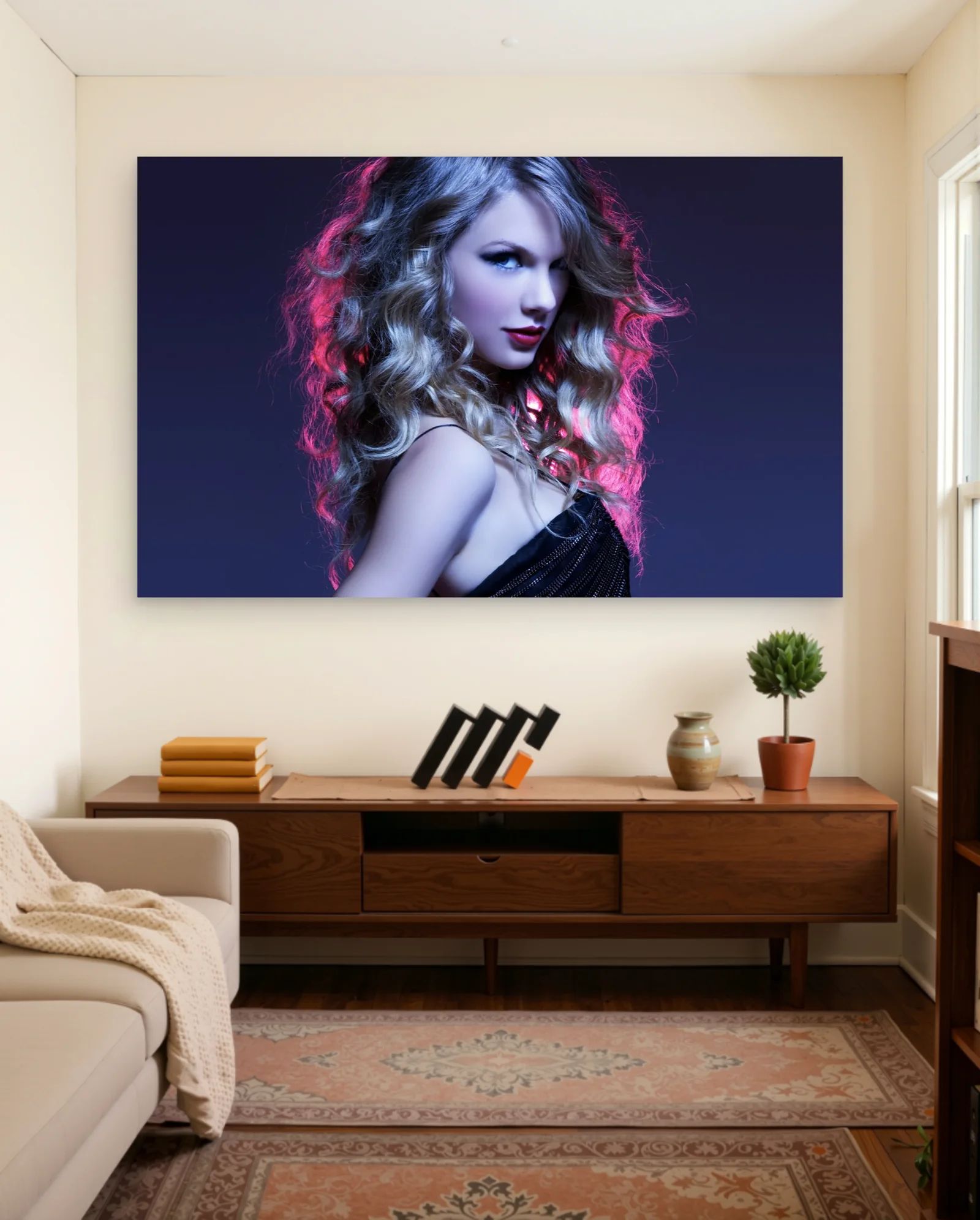 Taylor Swift Curly Hair Red Lips Poster — framed wall art poster by Memocult