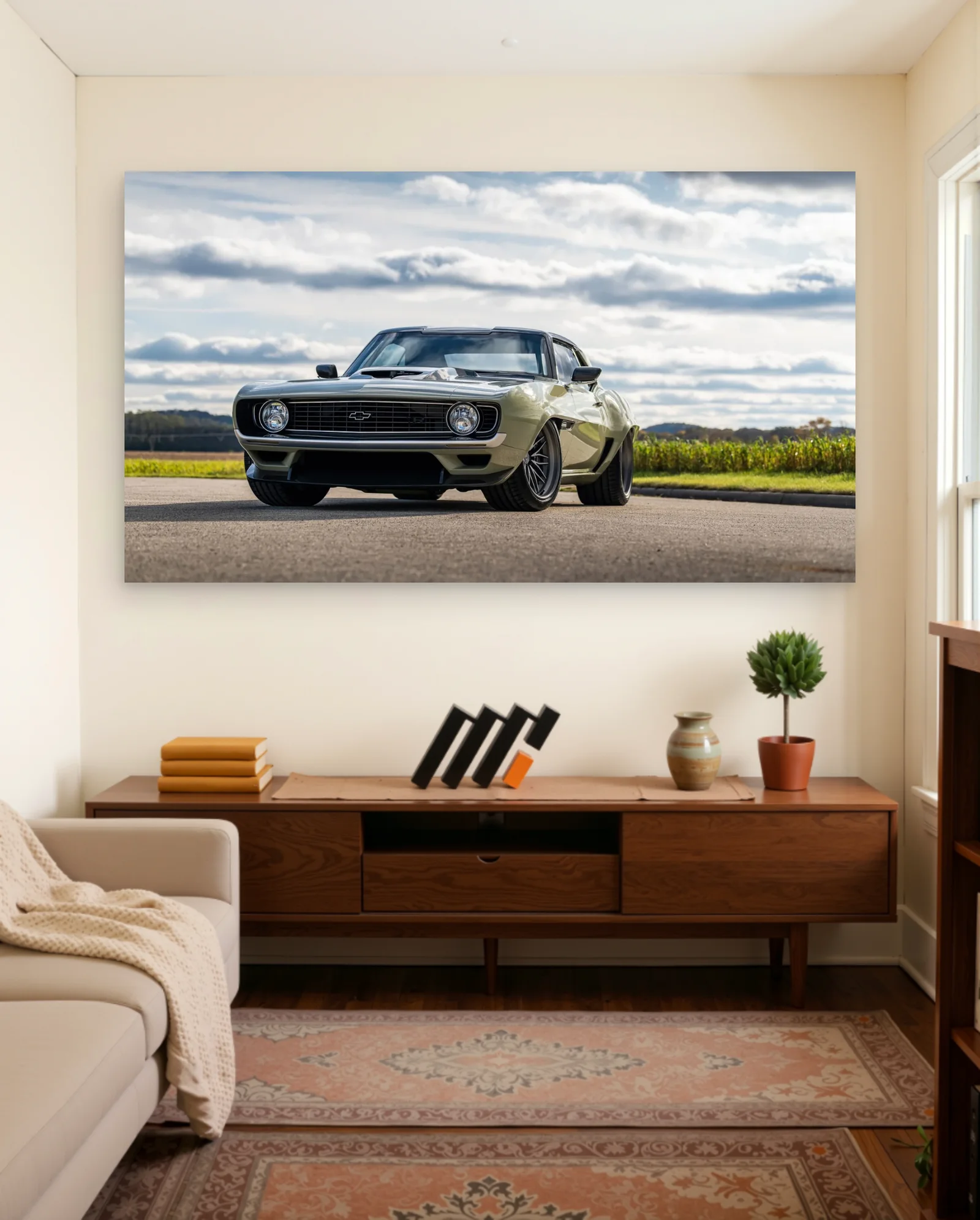 Metallic Green 1969 Chevrolet Camaro Poster — framed wall art poster by Memocult
