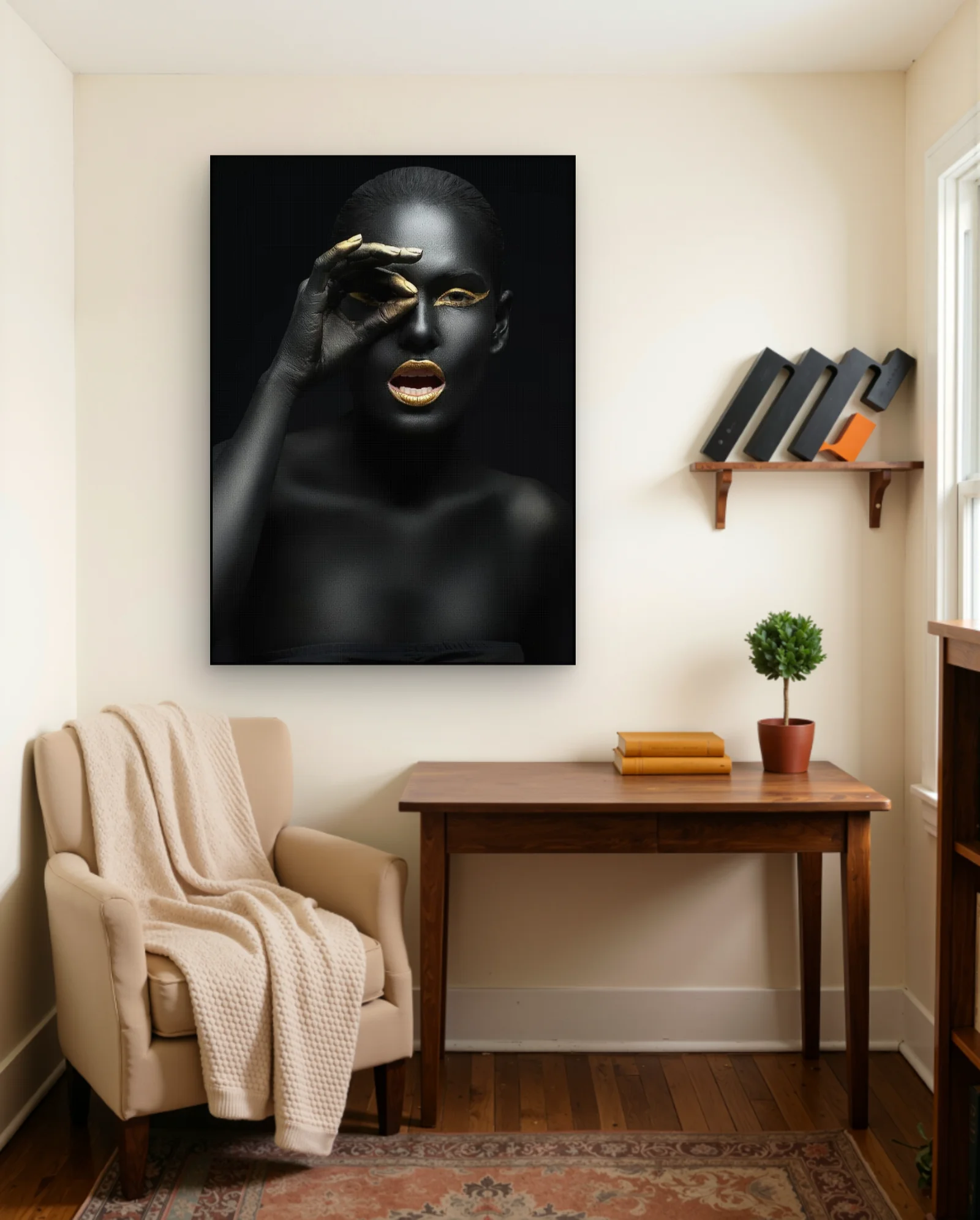 Black Body Paint Gold Eye Hand Pose Wall Art — framed wall art poster by Memocult