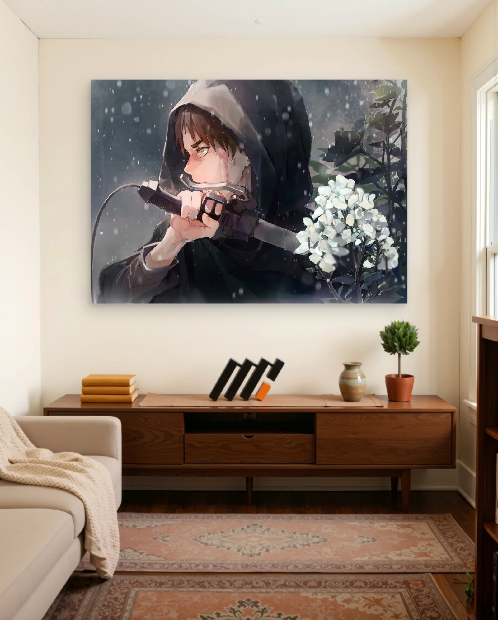 Eren Yeager In Rain With Flowers Poster — framed wall art poster by Memocult