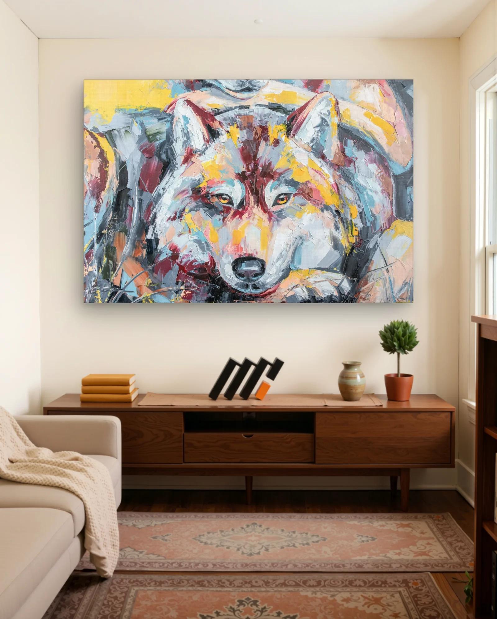 Wolf Face Yellow Teal Wall Art — Abstract abstract & modern wall art poster