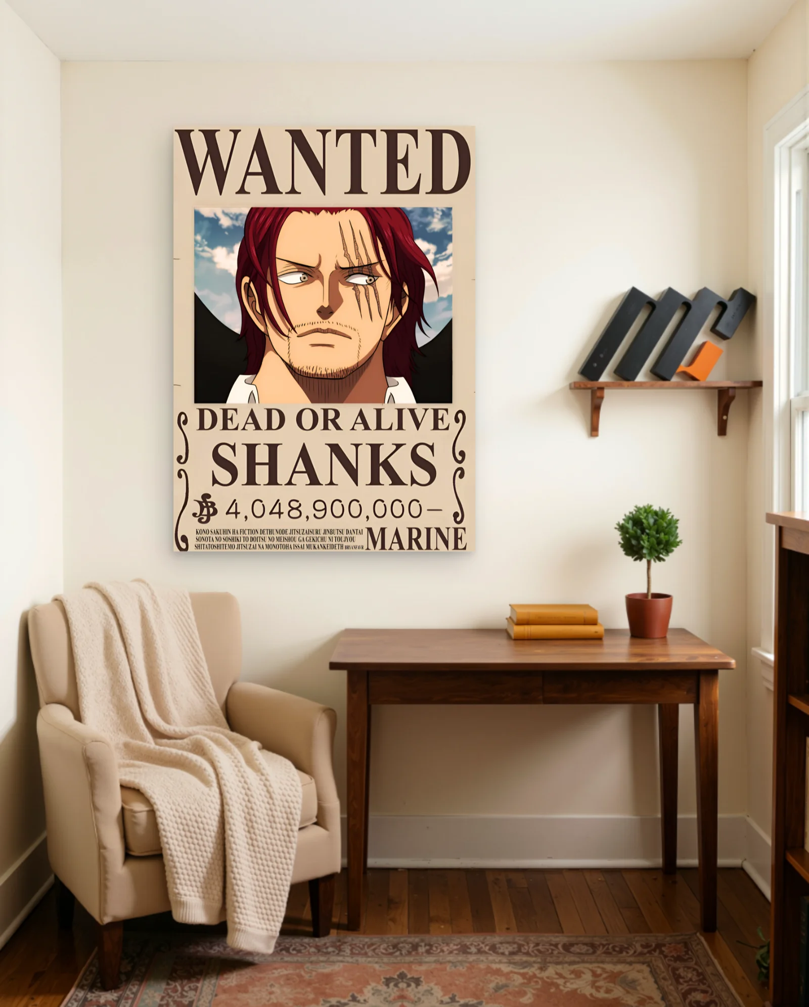 Shanks Wanted Poster One Piece Poster — framed wall art poster by Memocult