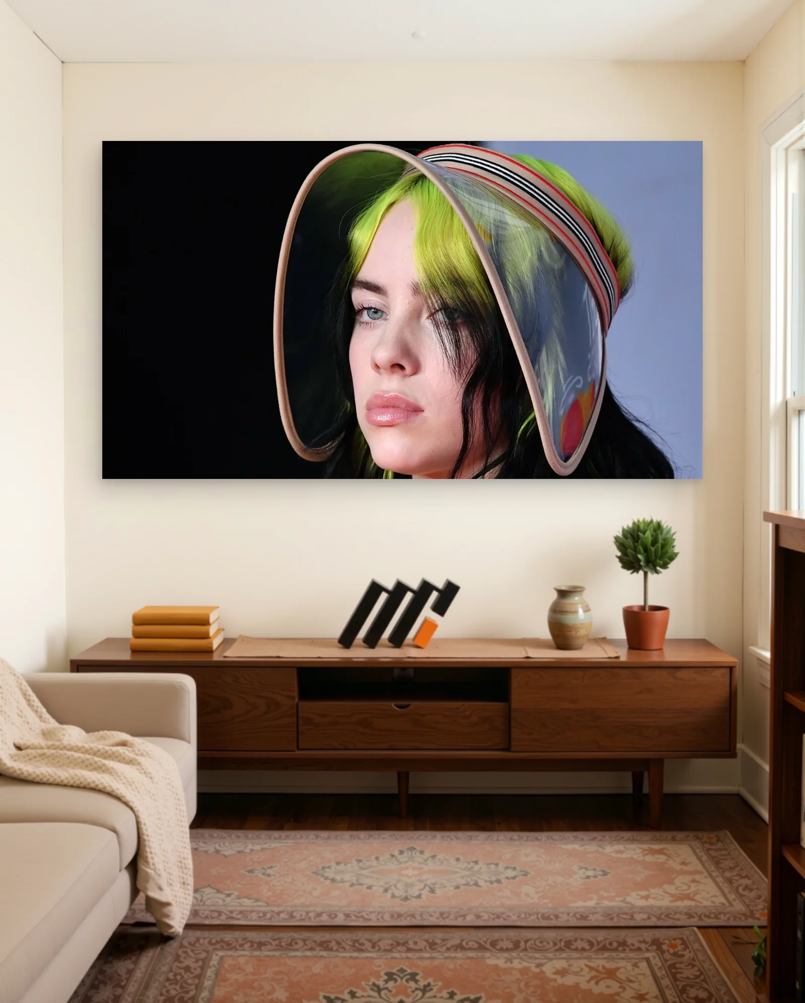 Billie Eilish Visor Green Hair Poster — framed wall art poster by Memocult