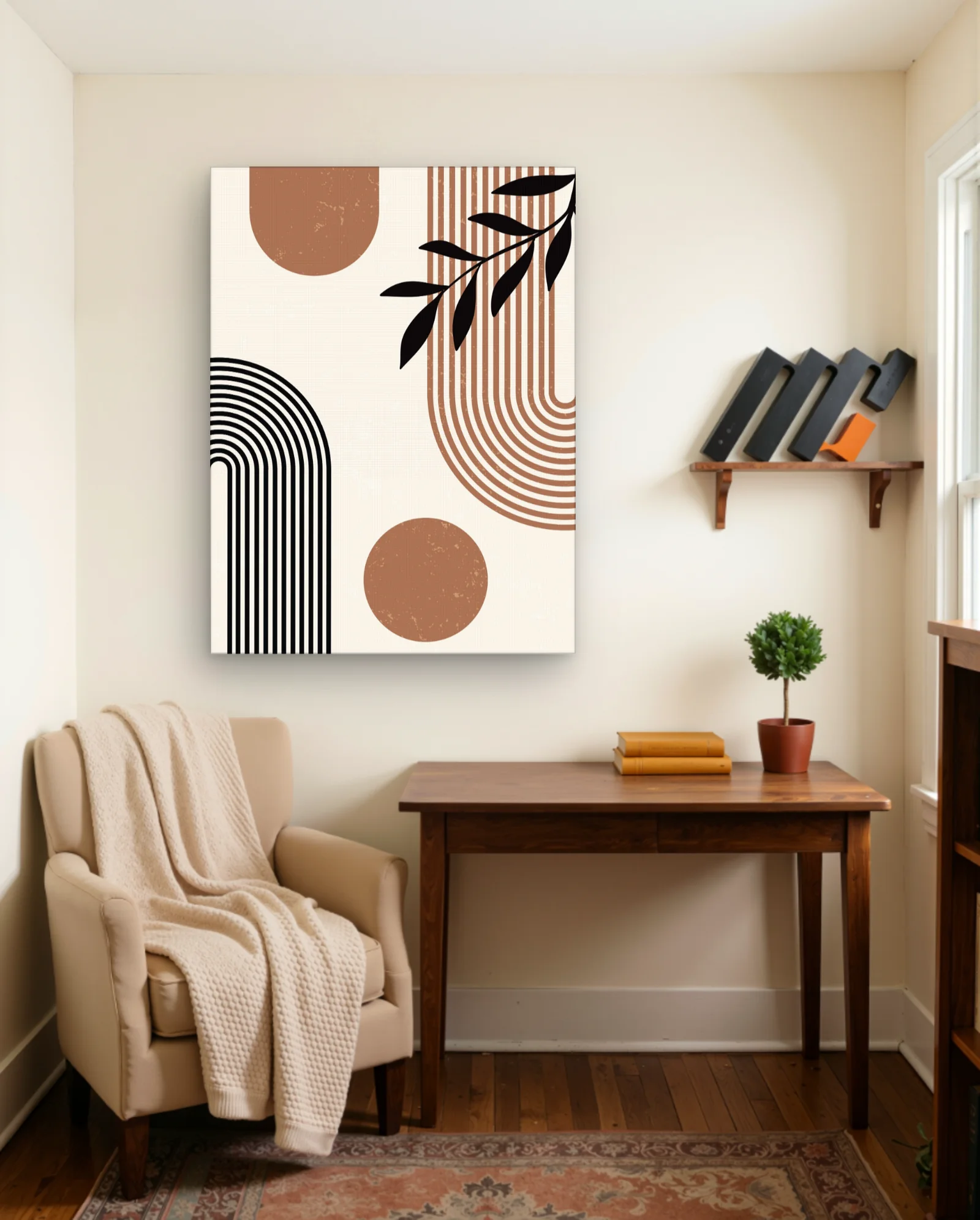 Terracotta Arches with Black Leaf — Minimalist Geometric Print — Abstract abstract & modern wall art poster
