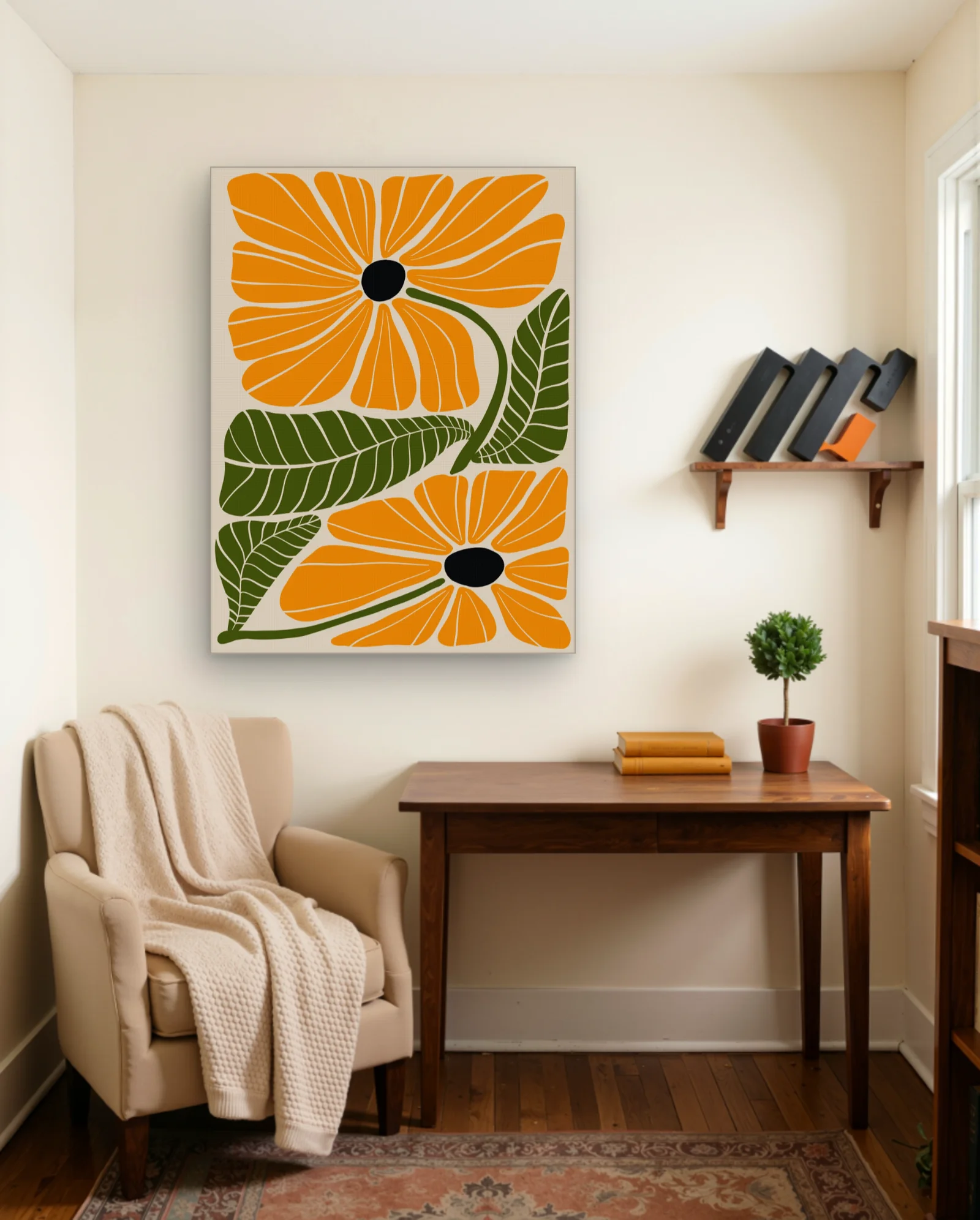 Orange Flowers Green Leaves Wall Art — Abstract abstract & modern wall art poster