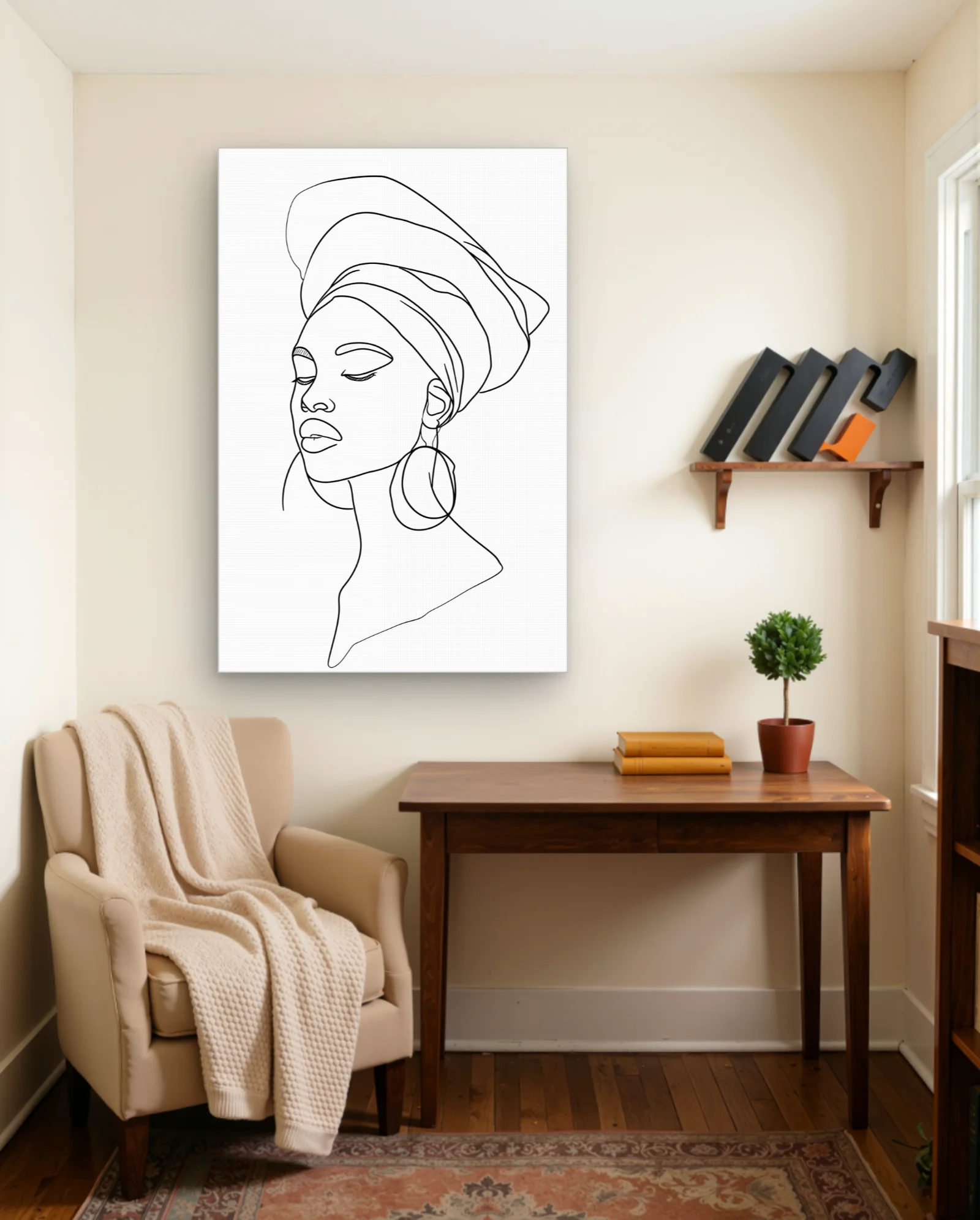 Woman With Headwrap Hoop Earring Wall Art — framed wall art poster by Memocult