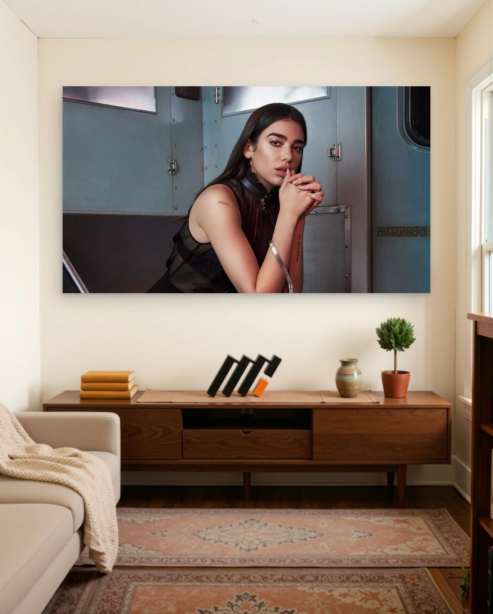 Dua Lipa Industrial Metallic Setting Poster — framed wall art poster by Memocult