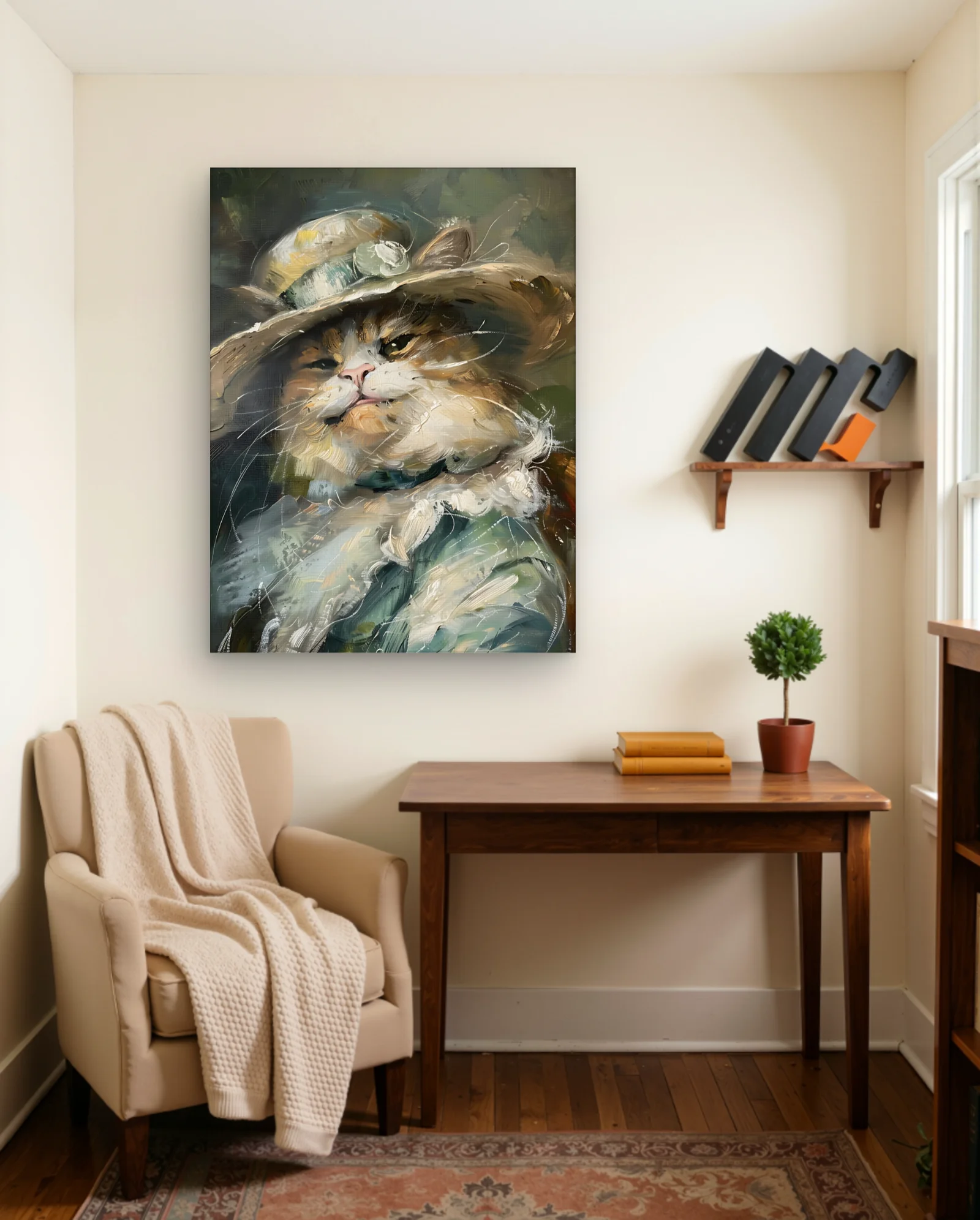 Tabby Cat Wearing Straw Hat Wall Art — framed wall art poster by Memocult