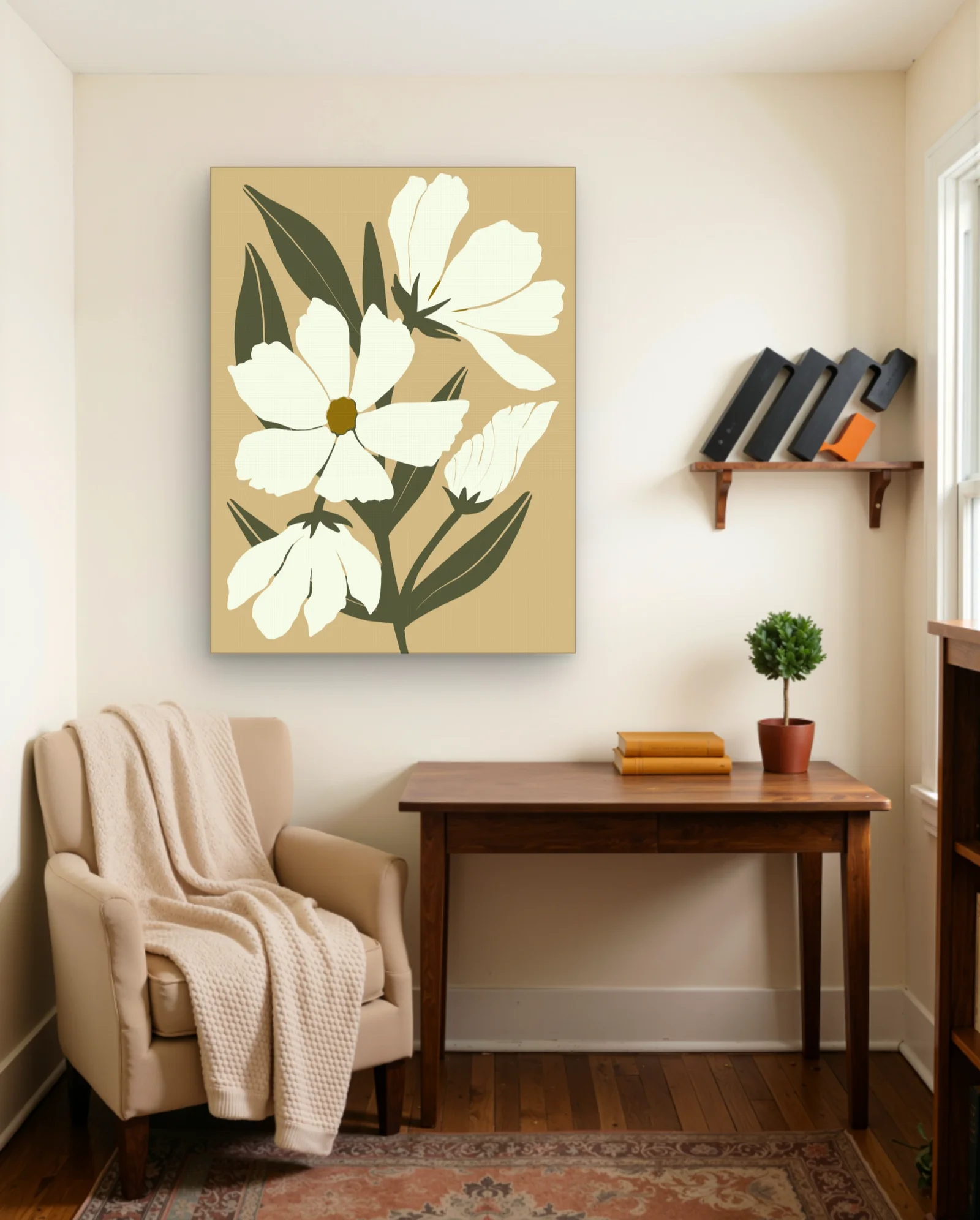 White Daisy Flowers Olive Leaves Wall Art — framed wall art poster by Memocult