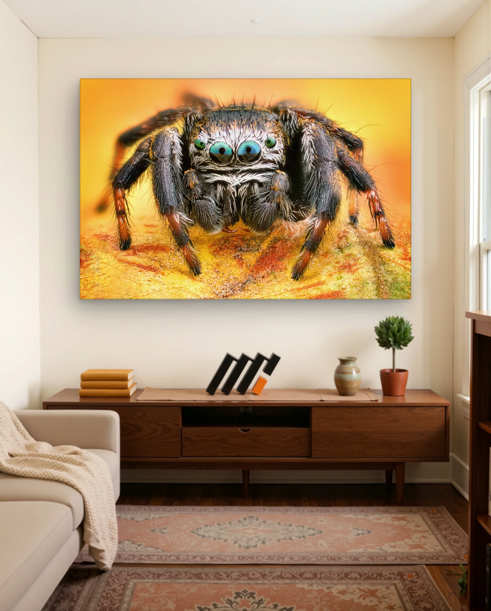 Jumping Spider Cyan Eyes Wall Art — framed wall art poster by Memocult