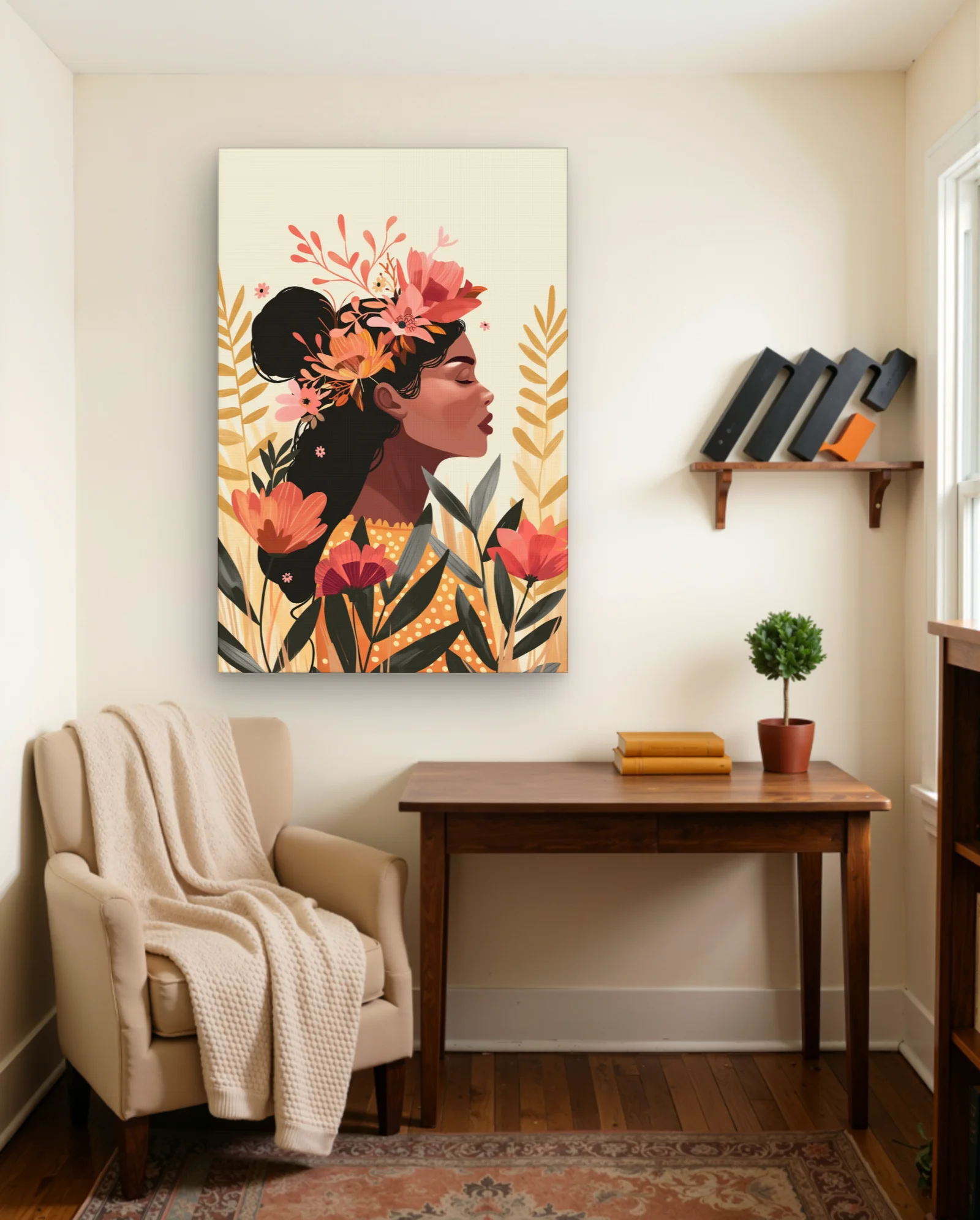 Woman With Coral Floral Crown Wall Art — framed wall art poster by Memocult