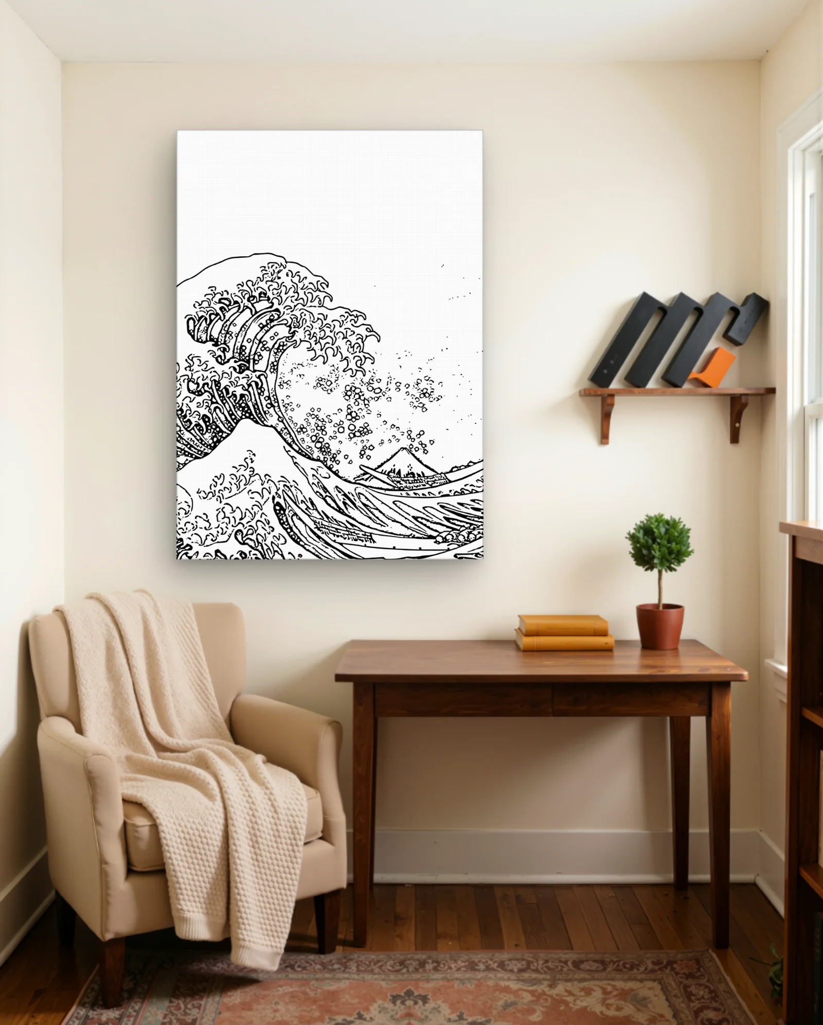 Great Wave Line Drawing Mount Fuji Art Print — framed wall art poster by Memocult