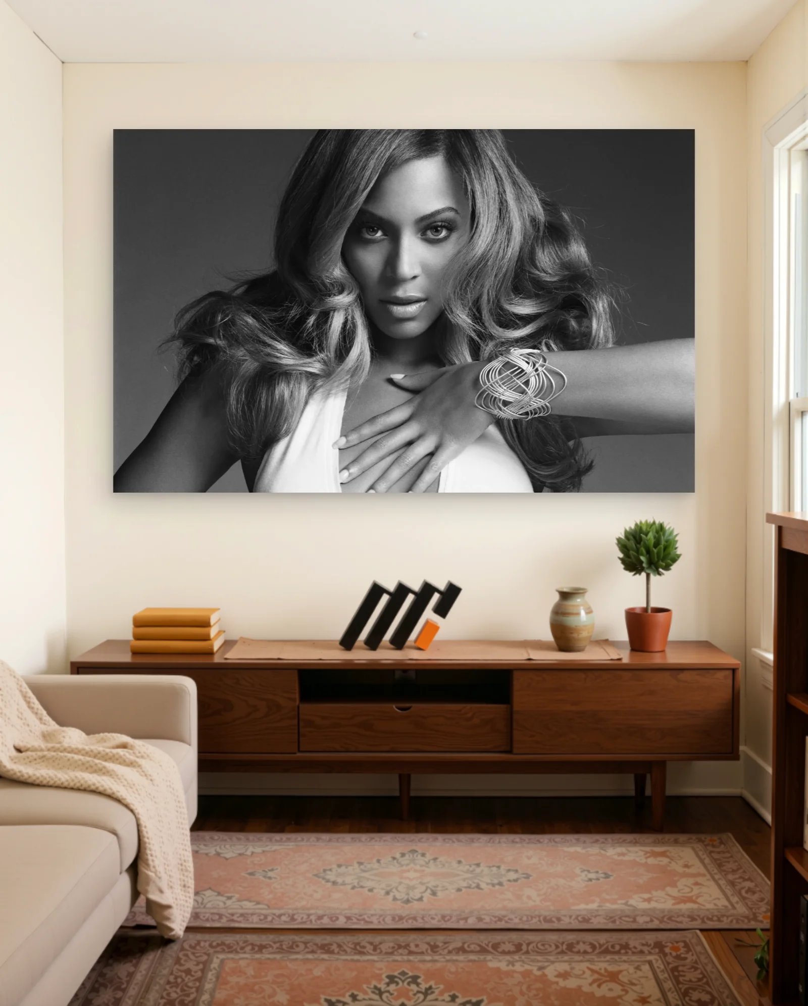 Beyoncé Bracelet Pose Black and White Poster — framed wall art poster by Memocult