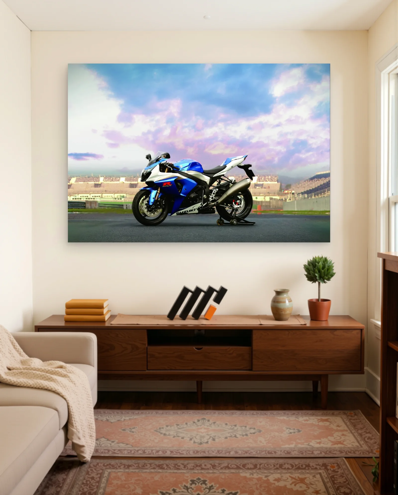 Suzuki Gsx R1000 Blue White Poster — framed wall art poster by Memocult
