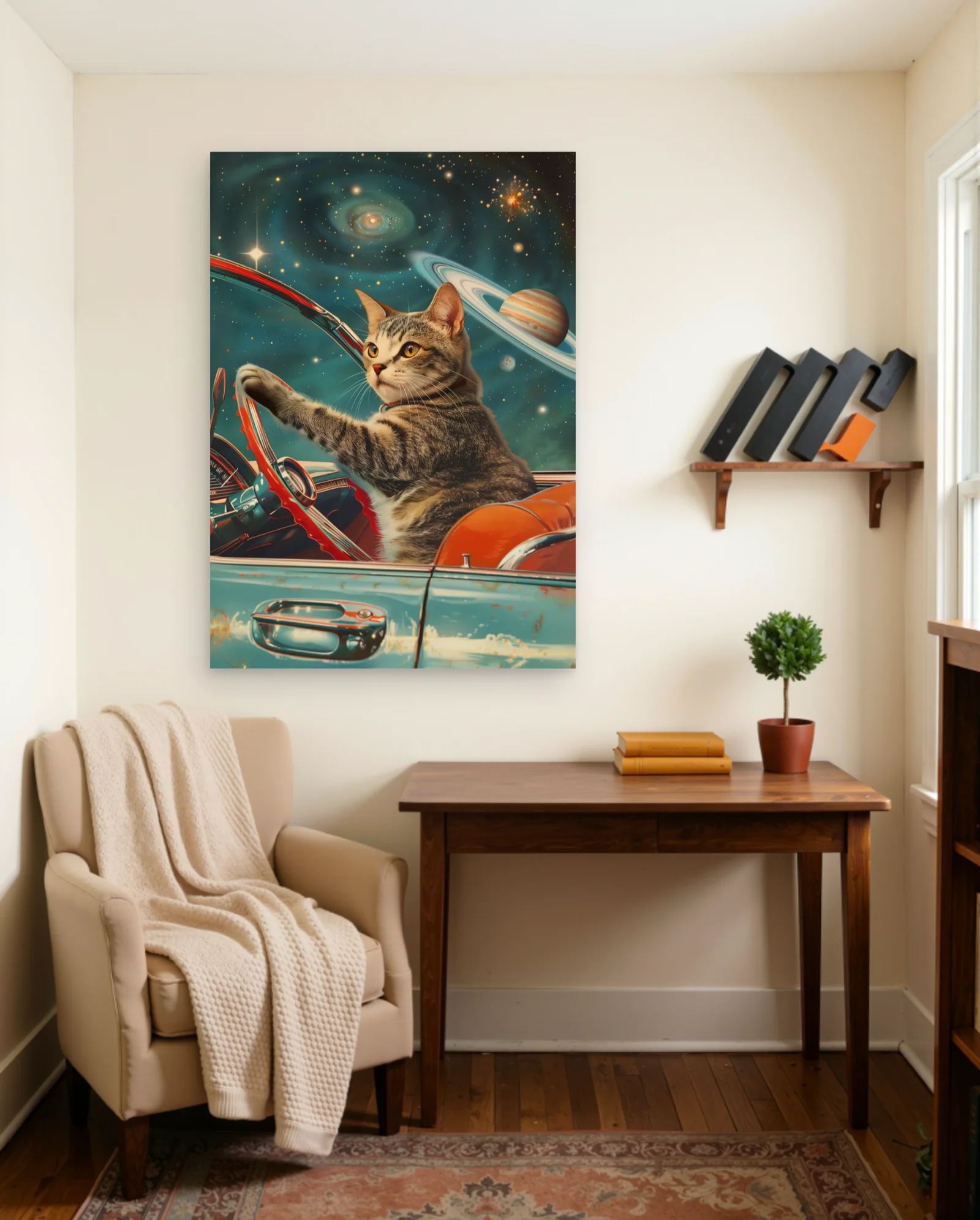 Cat Driving Retro Car Through Space Poster — framed wall art poster by Memocult