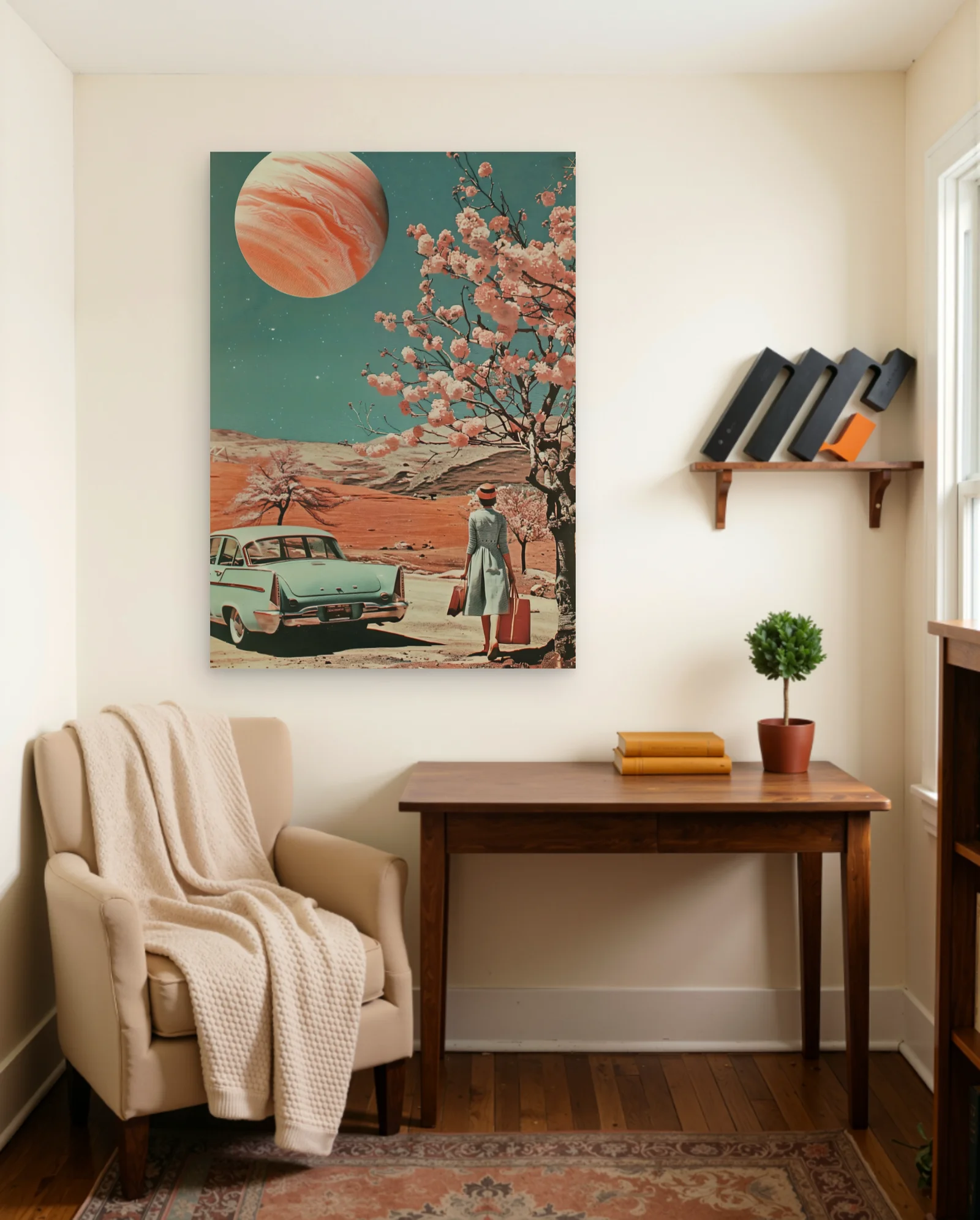 Retro Car Cherry Blossoms Planetary Sky Poster — framed wall art poster by Memocult