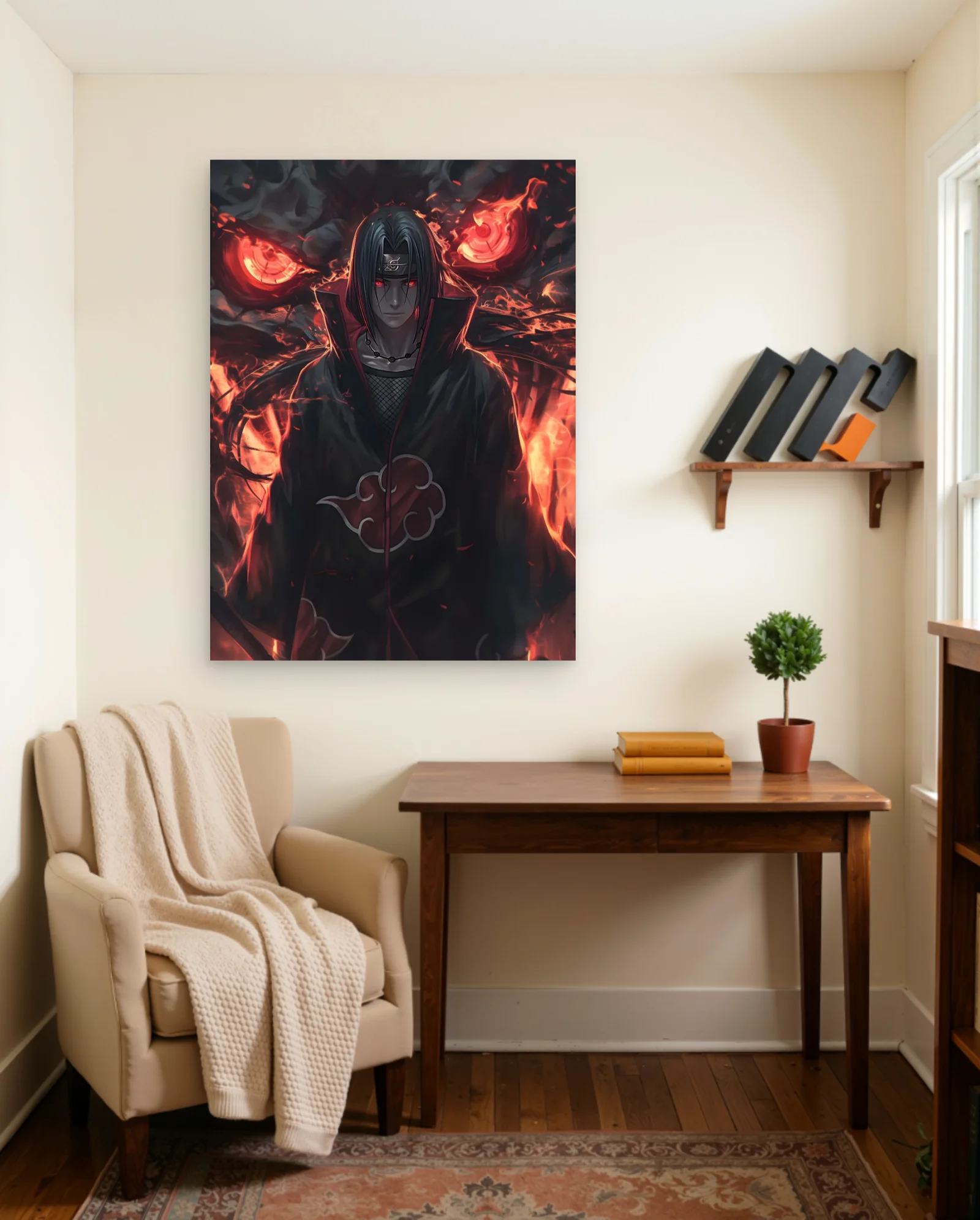 Itachi Uchiha Fiery Demonic Eyes Poster — framed wall art poster by Memocult