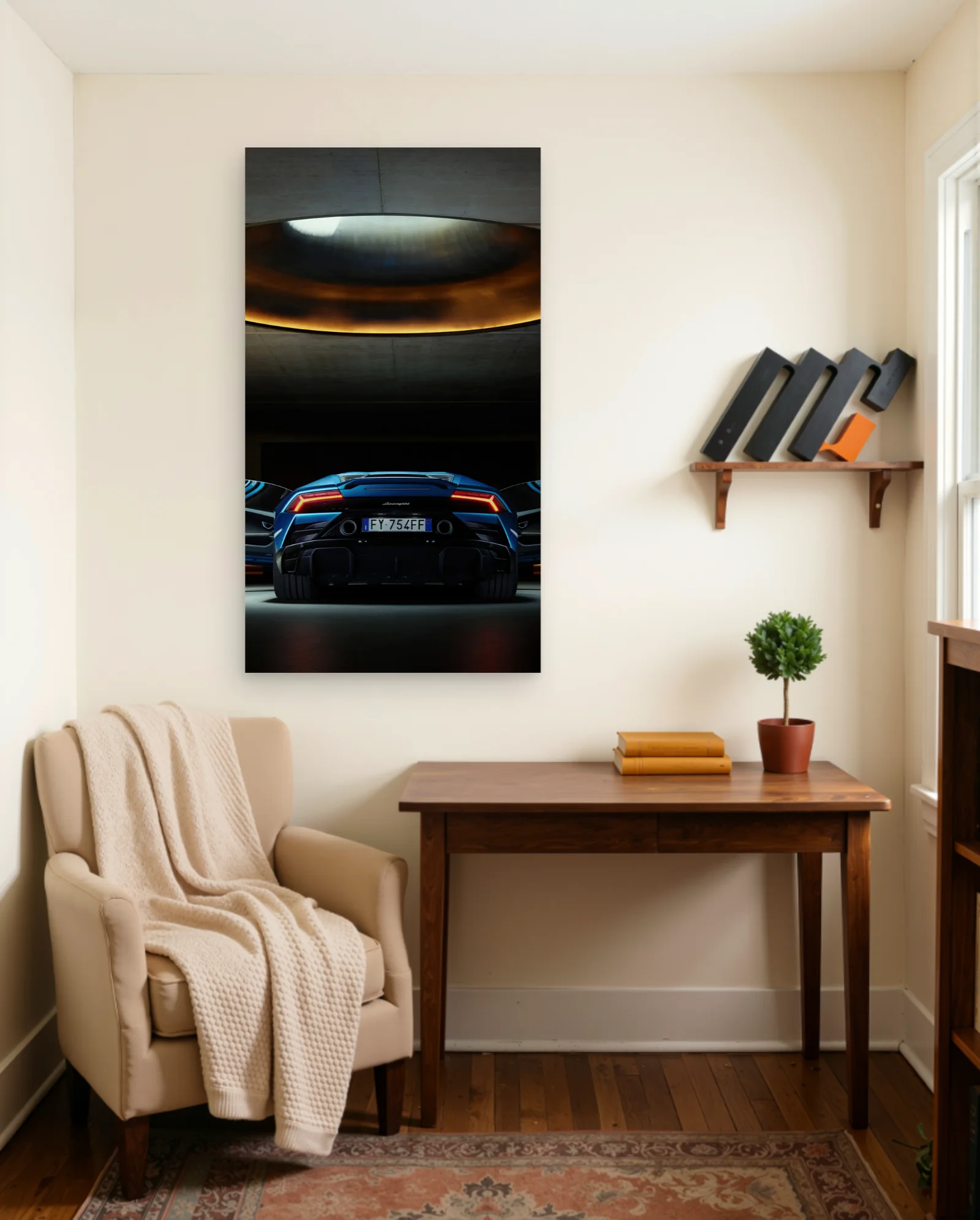 Blue Lamborghini Huracan Rear Garage Poster — framed wall art poster by Memocult