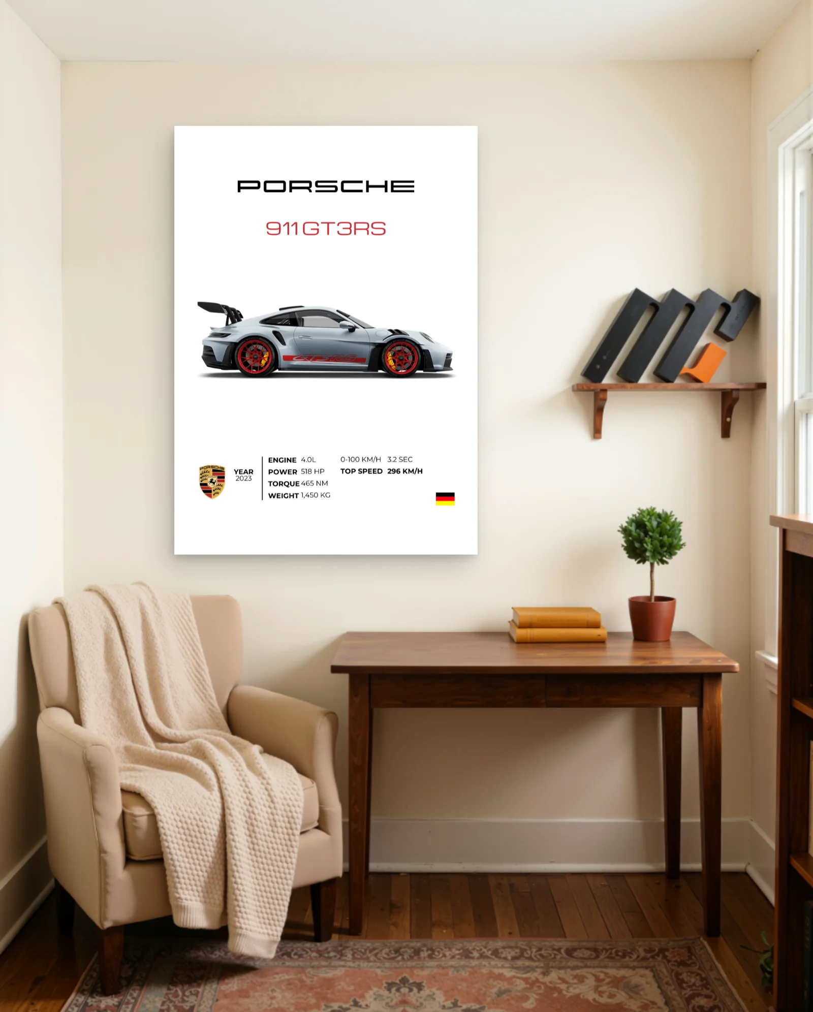 Porsche 911 GT3 RS Light Blue Red Wheels Poster — framed wall art poster by Memocult